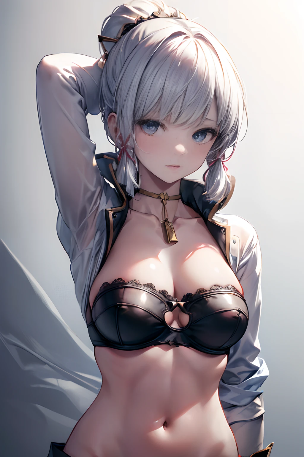 (((Masterpiece))), (Portrait), Diffused light, dynamic shadowing, Sharp focus, Realistic, Detailed, A high resolution, absurderes, Anatomically correct, Seductive face, White background, underboobs, Armpits, Looks to the side, Black choker, Belly button, Medium breast