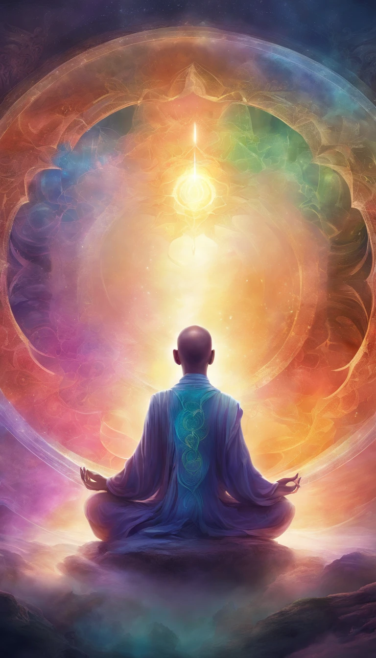 Monk meditating in front of a rainbow halo background, Mandala style, Art germ, UHD image, gongbi, Visual harmony, Mysterious mechanics, Queen's seat