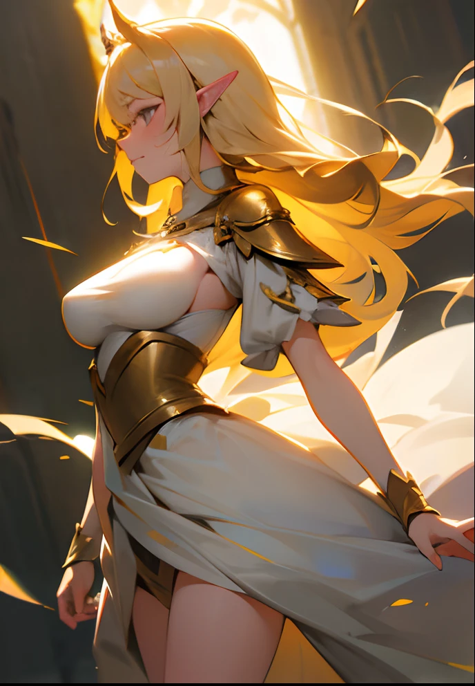 Perfect human body modeling, 1girl, pretty face, blunt bangs, Long hair, drill hair, twin drills, blonde hair, shiny hair, glow eyes, jitome, brown eyes, tsurime, white skin, huge breasts, Short body, Western-style fantasy, RPG, Rocky mountains, desert, Red cape, Golden knight, Golden large sword, 