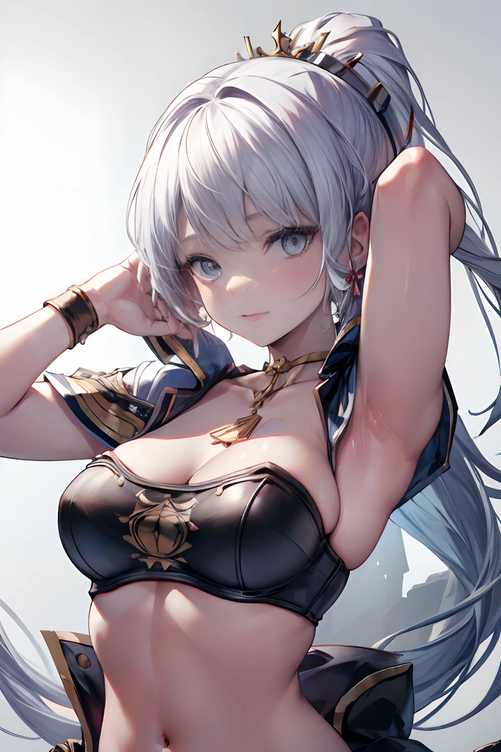 (((Masterpiece))), (Portrait), Diffused light, dynamic shadowing, Sharp focus, Realistic, Detailed, A high resolution, absurderes, Anatomically correct, Seductive face, White background, underboobs, Armpits, Looks to the side, Black choker, Belly button, Medium breast
