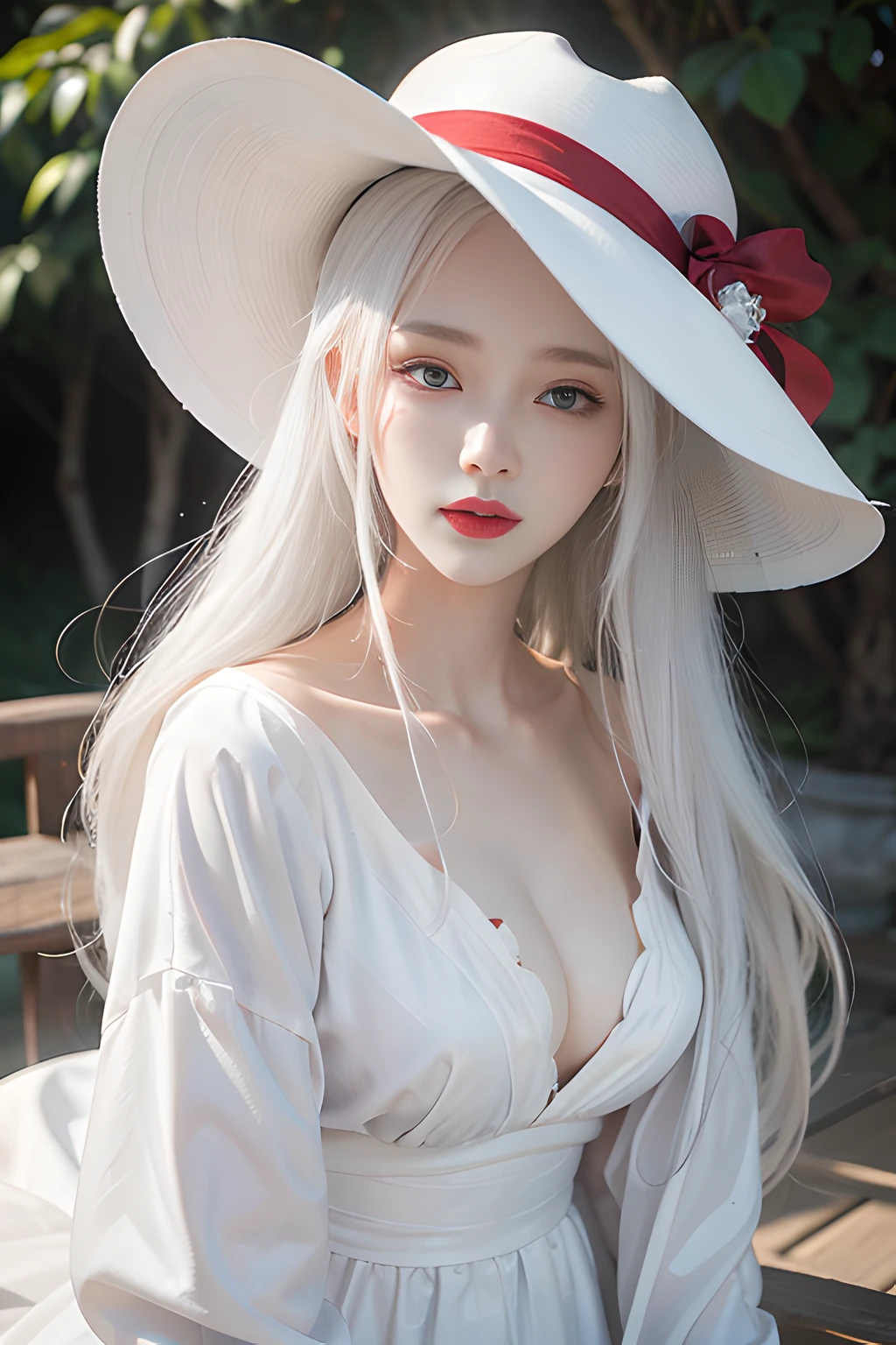arafed woman in a white hat and dress with a red lip, pale porcelain white skin, guweiz, guweiz masterpiece, artwork in the style of guweiz, soft portrait shot 8 k