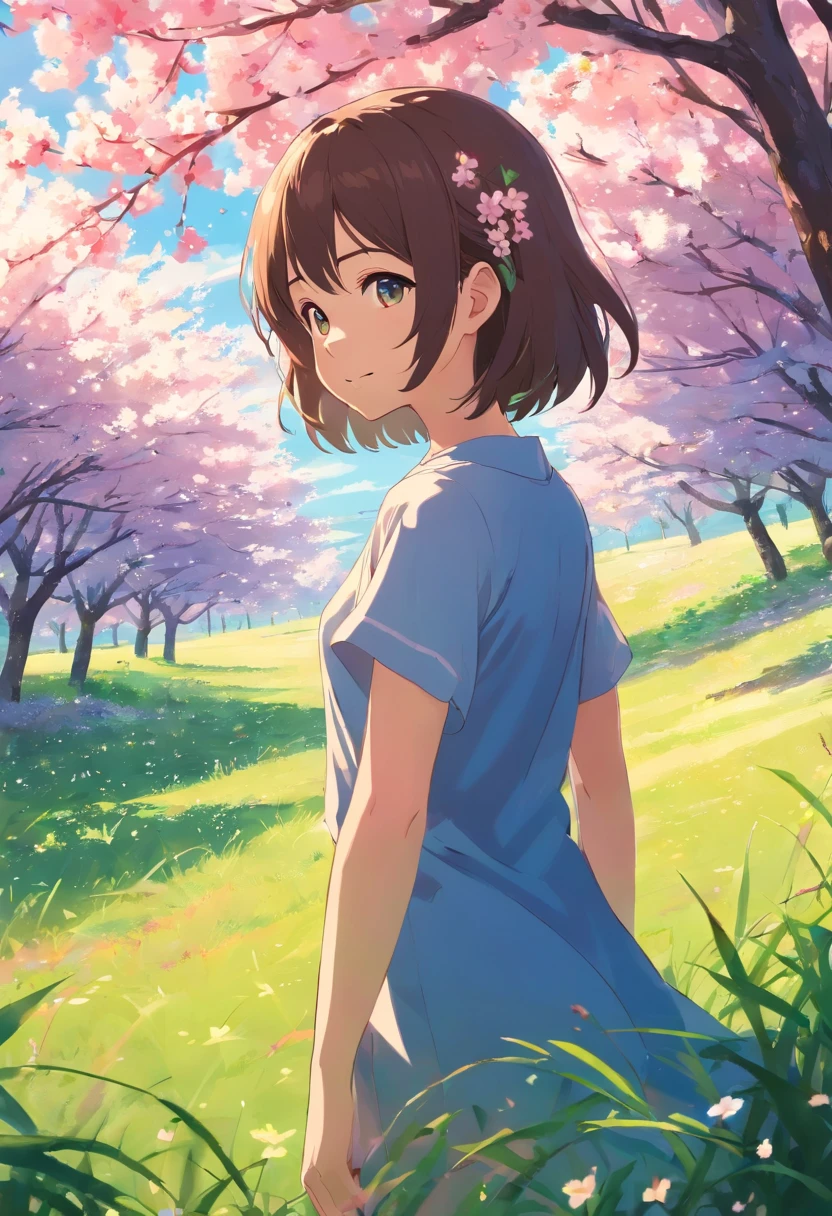 Here's a girl looking back、校服、kawaii、top-quality、masterpiece、Fantastical、grass field、cherry trees、Flowers、a smile