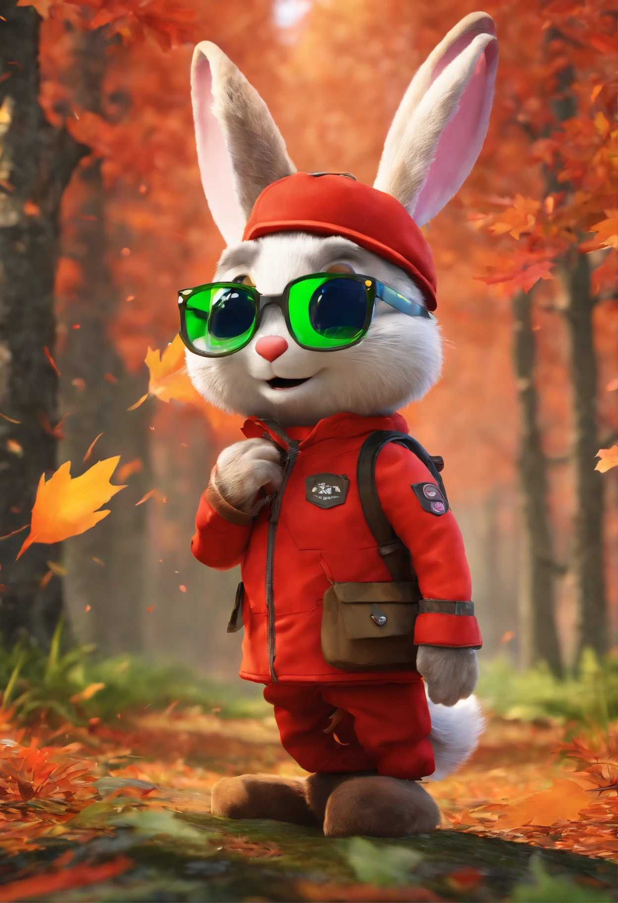 3D rendering of (A rabbit with glasses and a hat stands on the path between the autumn leaves), hairy, Green bright rabbit, （Binoculars hanging from your chest：1.37）, Green fashion adventure clothing,green shorts， Wear red hiking boots on your feet,, cute ears, （Red and green berets：1.34），Red and green camping hats, (Carry a green backpack with you), (trowels), (camping equipment, )Related to many adventurous tools,(compass：1.37),
Curious to explore expressions, Cartoon, 4D, Fox,
Background: Autumn Leaf Forest Trail Red Forest, autumn forest, red illuminating fog, In a red dream, really beautiful forest, Beautiful forest, Beautiful hazy wood, Red shade spray, Breathable and beautiful trees, breath-taking beautiful trees, red fog, beautiful forests and trees, Bright but dark red, red trees,{{Masterpiece}},{{{Best quality}}},{{Ultra-detailed}}, {{{illustration}}},{{Disheveled hair}},concept art of character,Game scene graph,Clear facial features,close up photograph,Photography,postapocalyptic,Masterpiece,archviz/building rendering,Quixel Megascans Render,corona rendered,rendering by octane,v-ray,High detail,hyper qualit,high resolution,trending on artstationh,hyper photorealism,surrealism,HD,8K tilt shift,Long shot,Split Lighting,