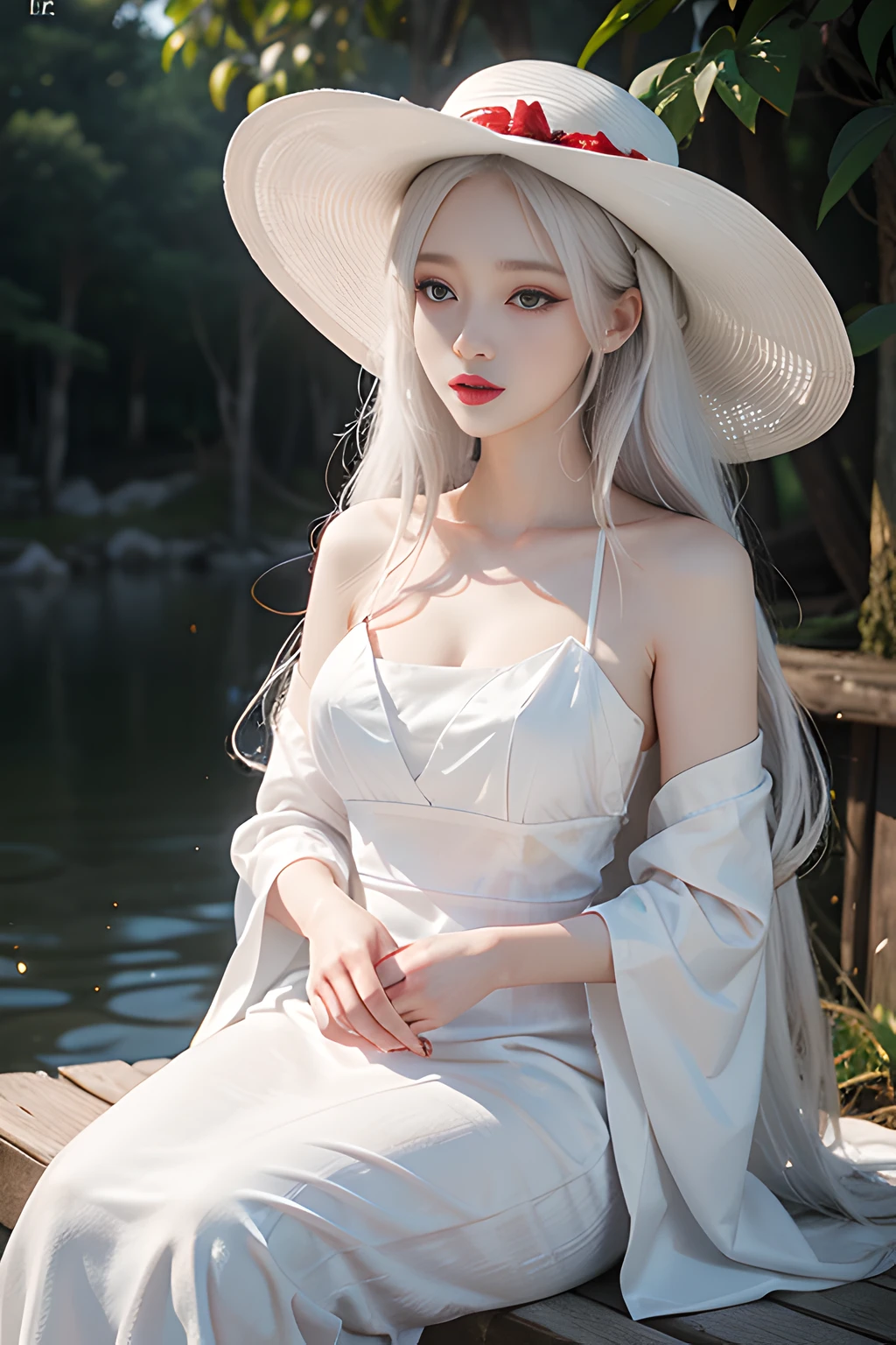 arafed woman in a white hat and dress with a red lip, pale porcelain white skin, guweiz, guweiz masterpiece, artwork in the style of guweiz, soft portrait shot 8 k