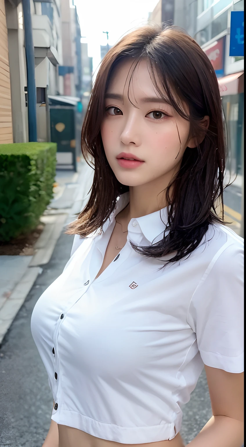Outdoors, heavy rain, wet in the rain with uniform, wet white blouse, navy blue pleated skirt, 17 year old girl, wet and underwear see-through, (too big breasts: 1.9), drooping breasts, whiplash, well-developed, Japan, eccentric face, very feeling face, face that looks like crying, wet wet, sweaty, struck by heavy rain,