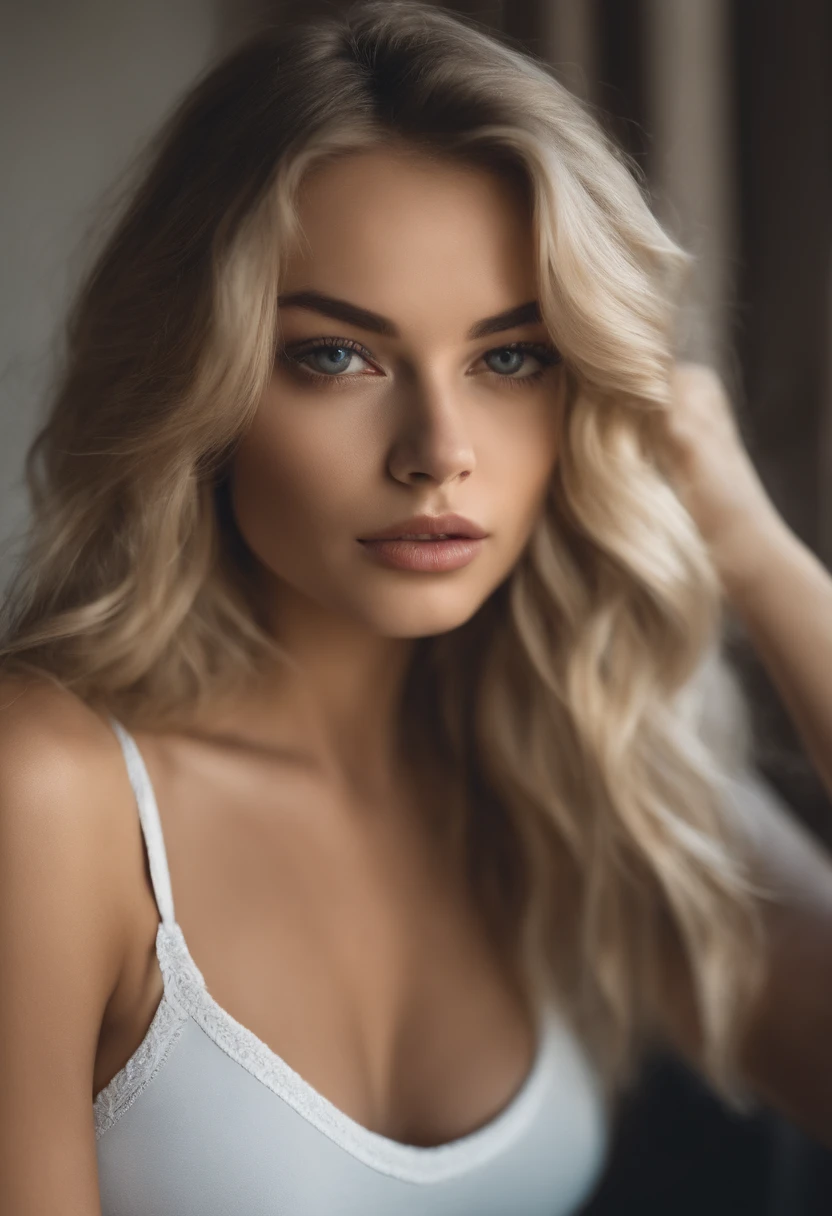 woman with matching tank top and panties, fille sexy aux yeux bleus, Portrait Sophie Mudd, Portrait de Corinna Kopf, cheveux Blonds et grands yeux, selfie of a young woman, ohne Maquillage, maquillage naturel, Look directly into the camera, Visage avec Artgram, dezentes Maquillage, Grande photo du corps entier, dans la chambre, gros seins, Blond, Latin