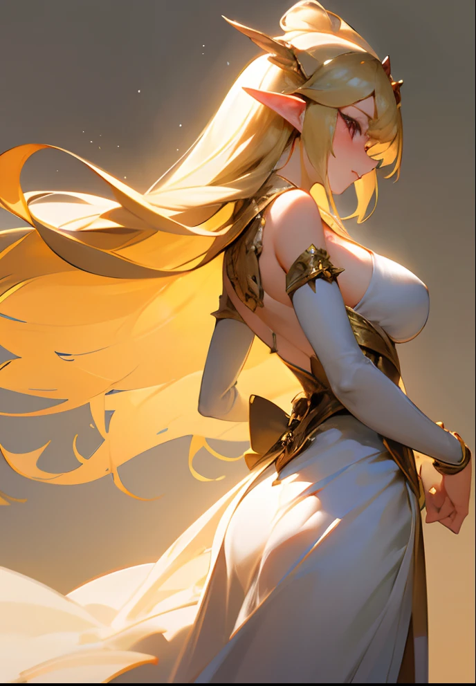 Blonde Elf Princess、tiarra、MKSKS style、Solo、(highly detailed back ground:1.0)、(highly detailed back ground:1.0)、masterpiece、top-quality、超A high resolution、in 8K、、(1/2 Gold and 1 Gold/2 Silver Long Hair)、BREAK、Detailed skin、glowy skin、A detailed eye、Beautiful shining eyes、Burning cheeks、Large breasts、BREAK、White Dress:1.2、Dress with open chest、Detailed clothing、looking in camera、Strenuous movements、Unleash the magic of strong light、Fantastical、A sexy、profile、Beautuful Women、NSFW、Looking at the camera