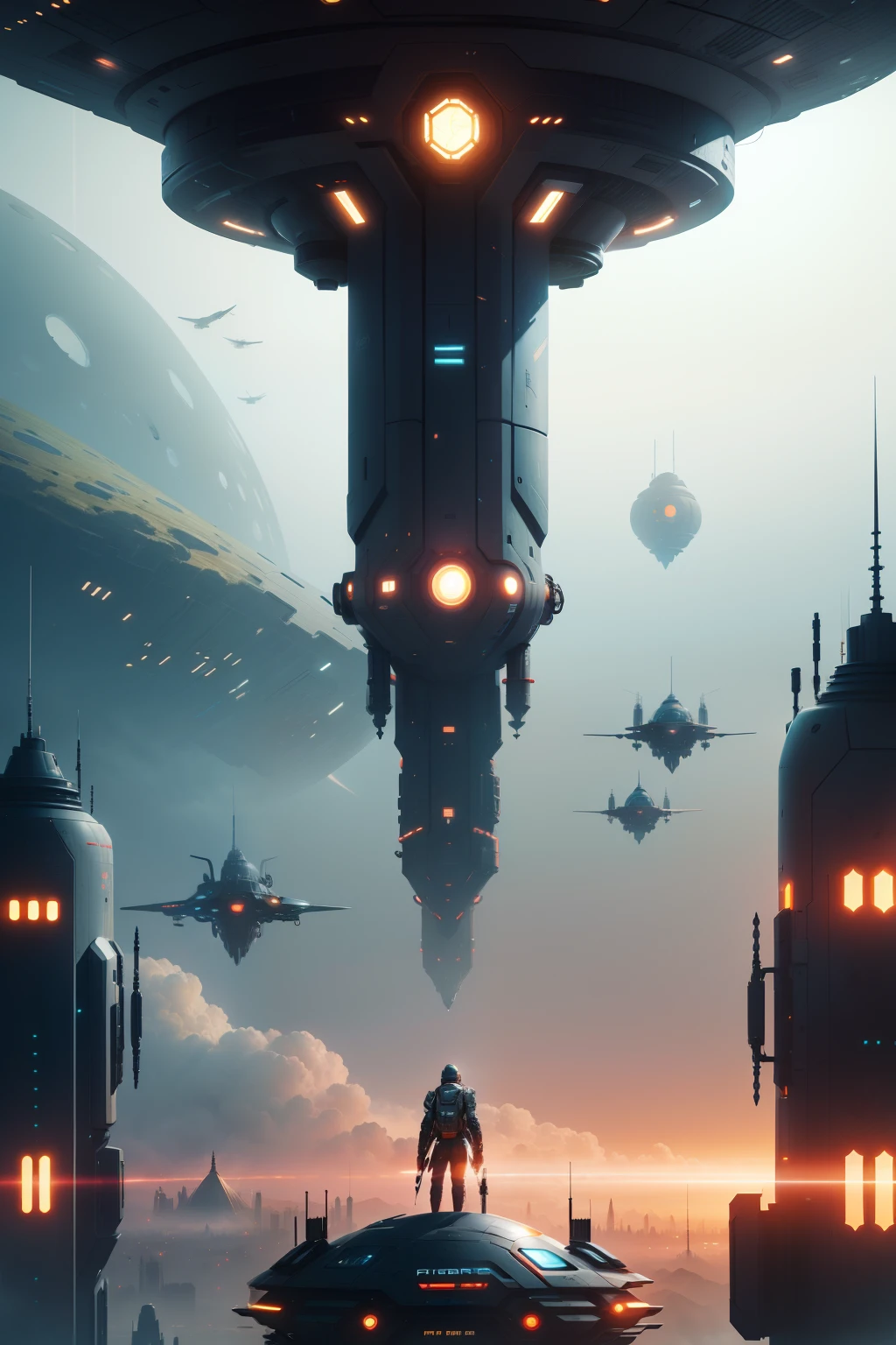 Fantasy Technology Future Technology Dream City,Spaceships fly in the sky,Robots are everywhere,Mechanical City,cyber punk perssonage,Starship,Interstellar