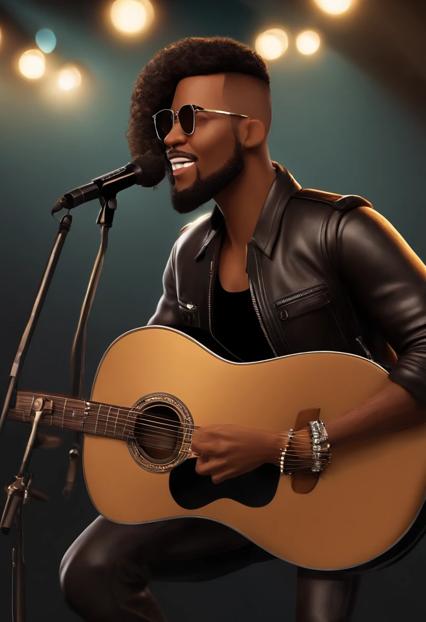 Create a Disney Pixar style movie poster. The character is a male rock vocalist, with a microphone in his hand and singing, he is 30 years old, has brown skin, very short, light brown hair, a thin, low-cut beard, brown eyes, dressed in a black jacket. rock style leather, on a singing rock music show stage, with the title XANDI. Write this title at the bottom of the image.