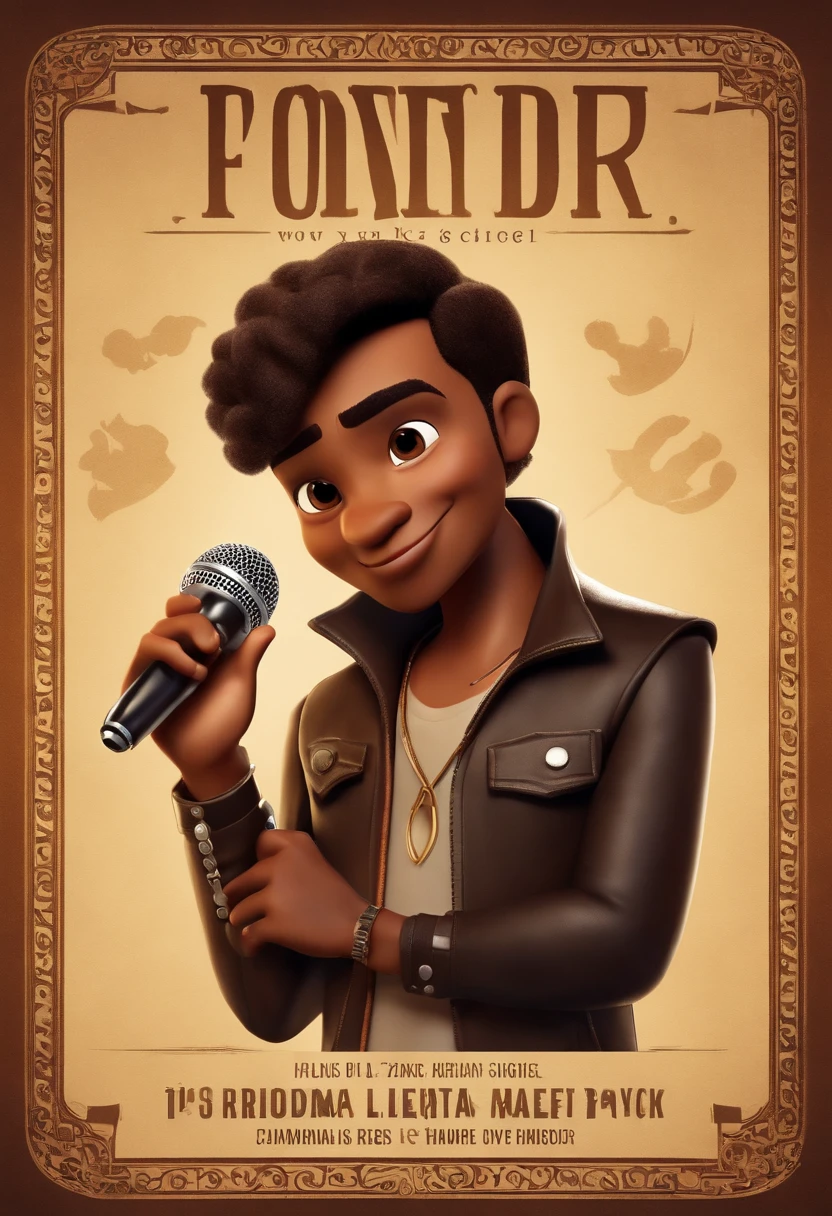 Create a Disney Pixar style movie poster. The character is a male rock vocalist, with a microphone in his hand and singing, he is 30 years old, has brown skin, very short, light brown hair, a thin, low-cut beard, brown eyes, dressed in a black jacket. rock style leather, on a singing rock music show stage, with the title XANDI. Write this title at the bottom of the image.