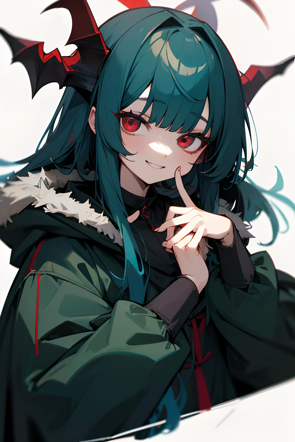 demonic woman、macabre smile、parka、medium chest、red eyes、Blue-green hair、Longhaire、Bangs are not parted、Horizontal one-letter bangs