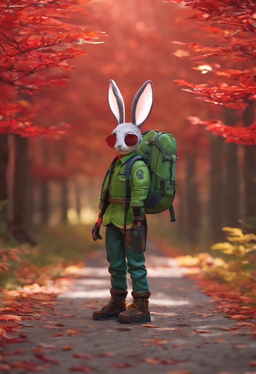 3D rendering of (A rabbit with glasses and a hat stands on the path between the autumn leaves), hairy, Cute eyelashes，Green bright rabbit, （Binoculars hanging from your chest：1.37）, Green fashion adventure clothing,green shorts， Wear red hiking boots on your feet,, cute ears, （Red and green berets：1.34），Red and green camping hats, (Carry a green backpack with you), (trowels), (camping equipment, )Related to many adventurous tools,(compass：1.37),
Curious to explore expressions, Cartoon, 4D, Fox,
Background: Autumn Leaf Forest Trail Red Forest, autumn forest, red illuminating fog, In a red dream, really beautiful forest, Beautiful forest, Beautiful hazy wood, Red shade spray, Breathable and beautiful trees, breath-taking beautiful trees, red fog, beautiful forests and trees, Bright but dark red, red trees,{{Masterpiece}},{{{Best quality}}},{{Ultra-detailed}}, {{{illustration}}},{{Disheveled hair}},concept art of character,Game scene graph,Clear facial features,close up photograph,Photography,postapocalyptic,Masterpiece,archviz/building rendering,Quixel Megascans Render,corona rendered,rendering by octane,v-ray,High detail,hyper qualit,high resolution,trending on artstationh,hyper photorealism,surrealism,HD,8K tilt shift,Long shot,Split Lighting,