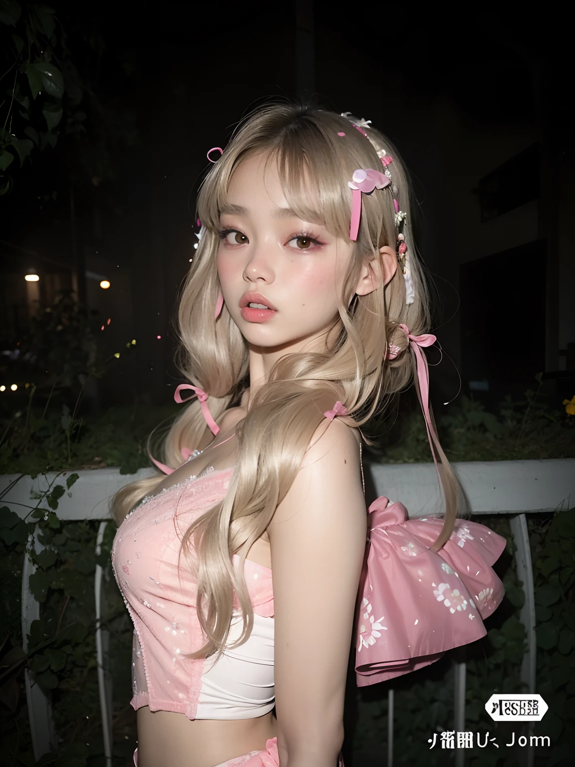 blonde girl with a pink bow in her hair, sentada em uma cadeira, longos cabelos loiros e olhos grandes, Lalisa Manobal, Ulzzang, cabelos loiros e olhos grandes, longos cabelos loiros e olhos grandes, Lalisa Manoban do Blackpink, cabelo rosa twintail e olhos cianos, pale fair skin!!, ultrarrealista doce coelhinho