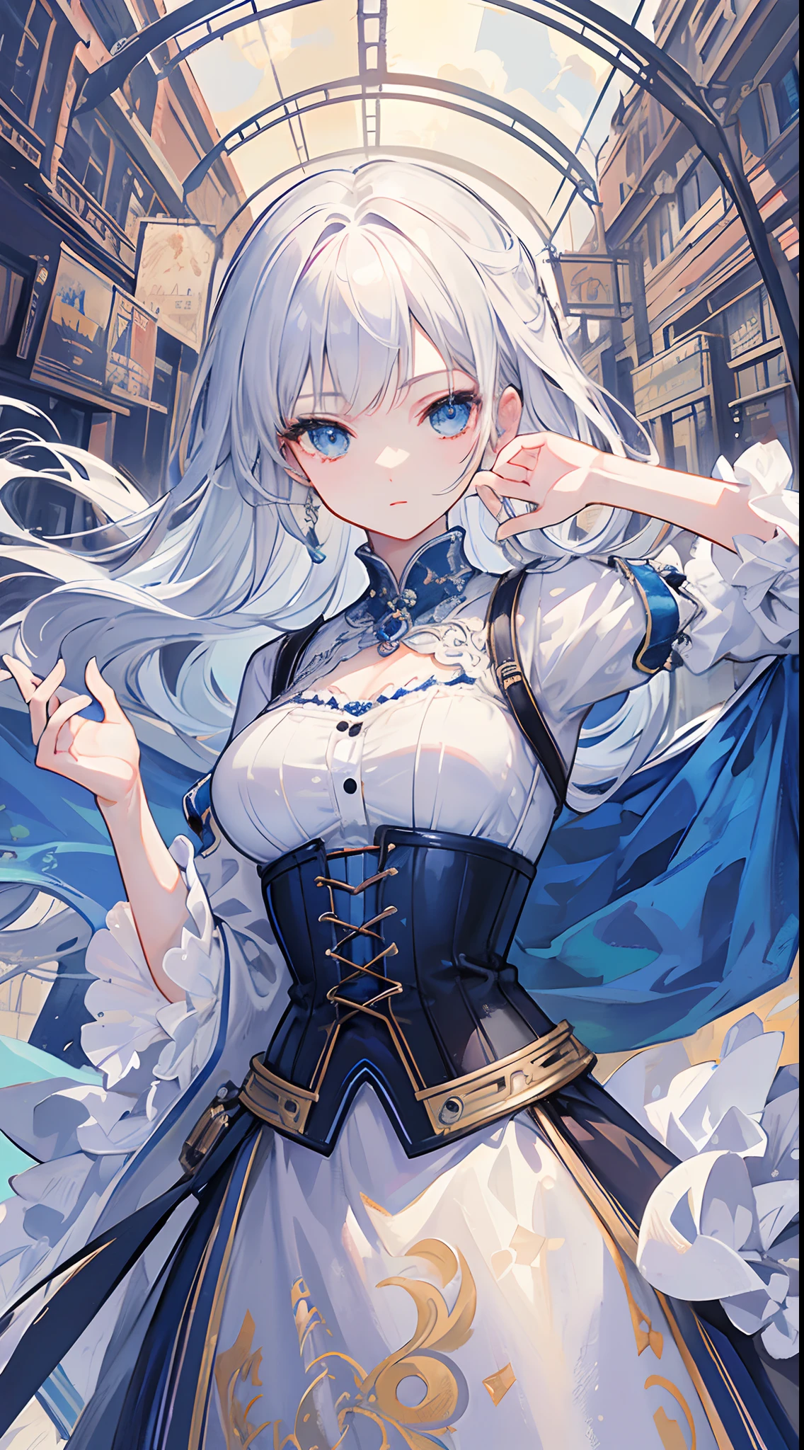 (((​masterpiece)))、((top-quality))、(The ultra-detailliert)、(CG Illustration)、(a very beautiful woman))、Cinematic Light、((1 Mechanical Girl))、 (Beautiful and indulgent)()、Facing the front,white  hair,Corset Belt,blue high waist skirt,Upper body portrait
