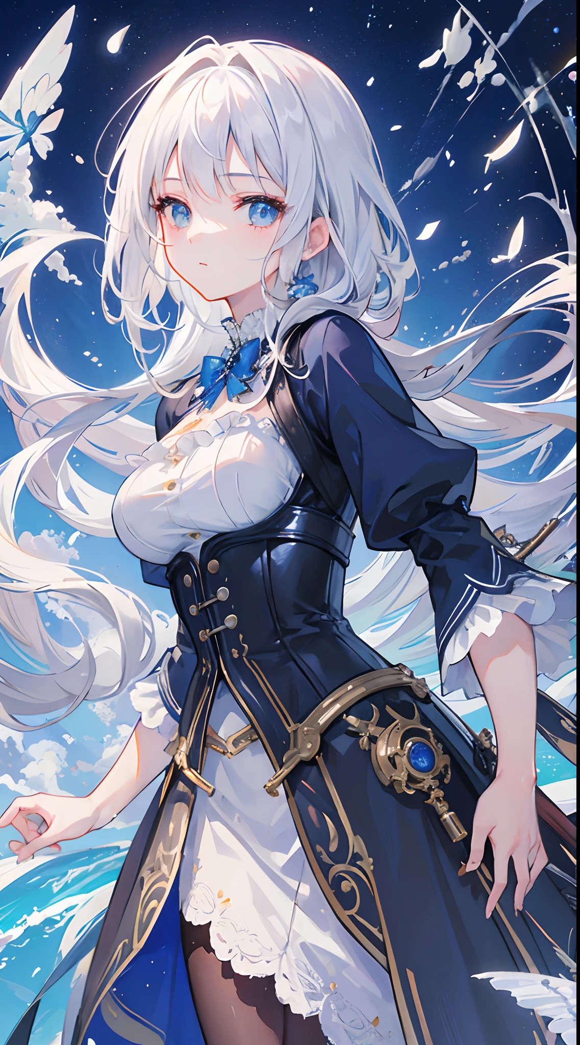 (((​masterpiece)))、((top-quality))、(The ultra-detailliert)、(CG Illustration)、(a very beautiful woman))、Cinematic Light、((1 Mechanical Girl))、 (Beautiful and indulgent)()、Facing the front,white  hair,Corset Belt,blue high waist skirt,Upper body portrait