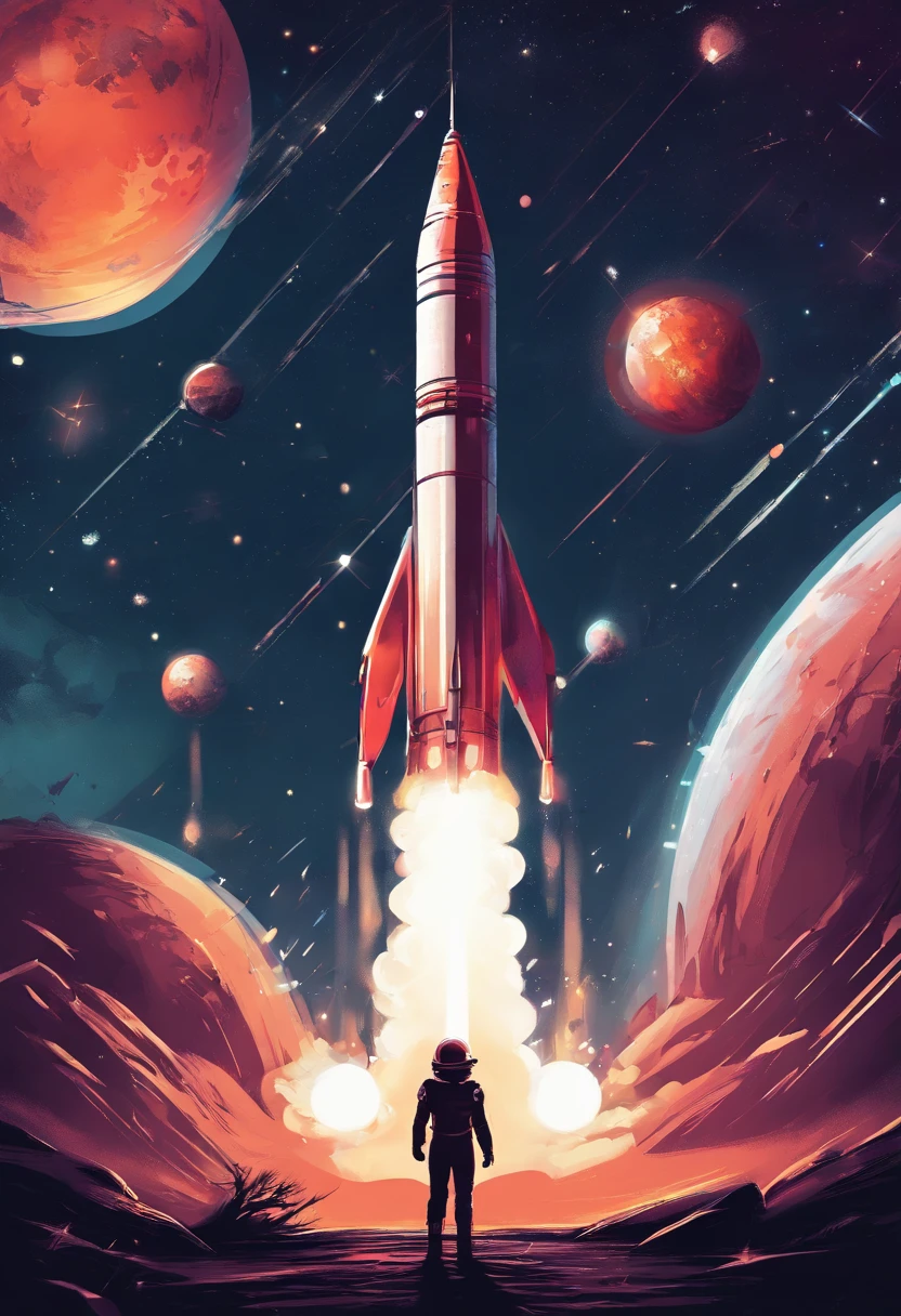 Poster design，Rocket launch scene，Starry sky planets added to background，Use the printmaking style，4k，exquisitedetails