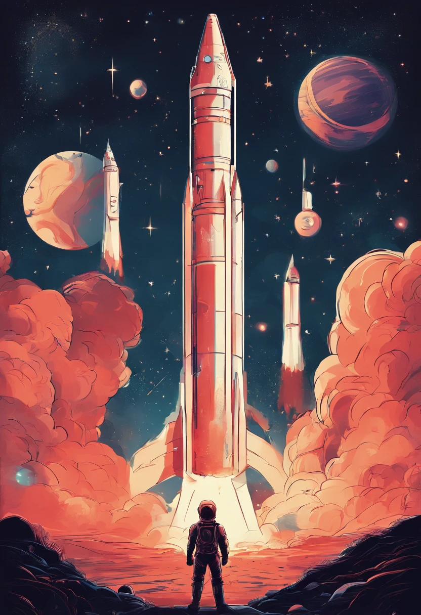 Poster design，Rocket launch scene，Starry sky planets added to background，Use the printmaking style，4k，exquisitedetails