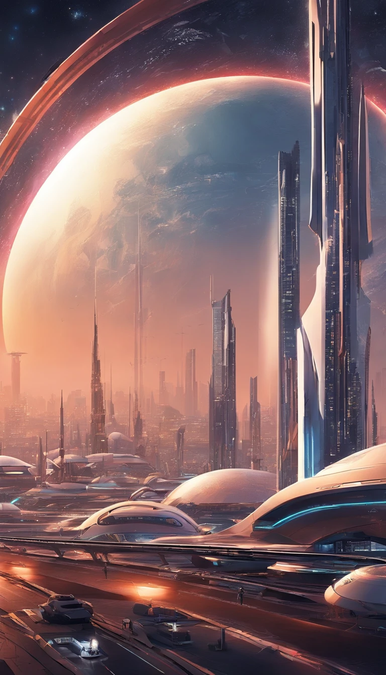 futuristic city with futuristic train and futuristic buildings at night, future concept art, otherwordly futuristic city, in fantasy sci - fi city, beautiful city of the future, futuristic utopian city, concept art 8 k resolution, concept art 8k resolution, city of the future, futuristic space port, concept art 8 k, sci-fi hollywood concept art