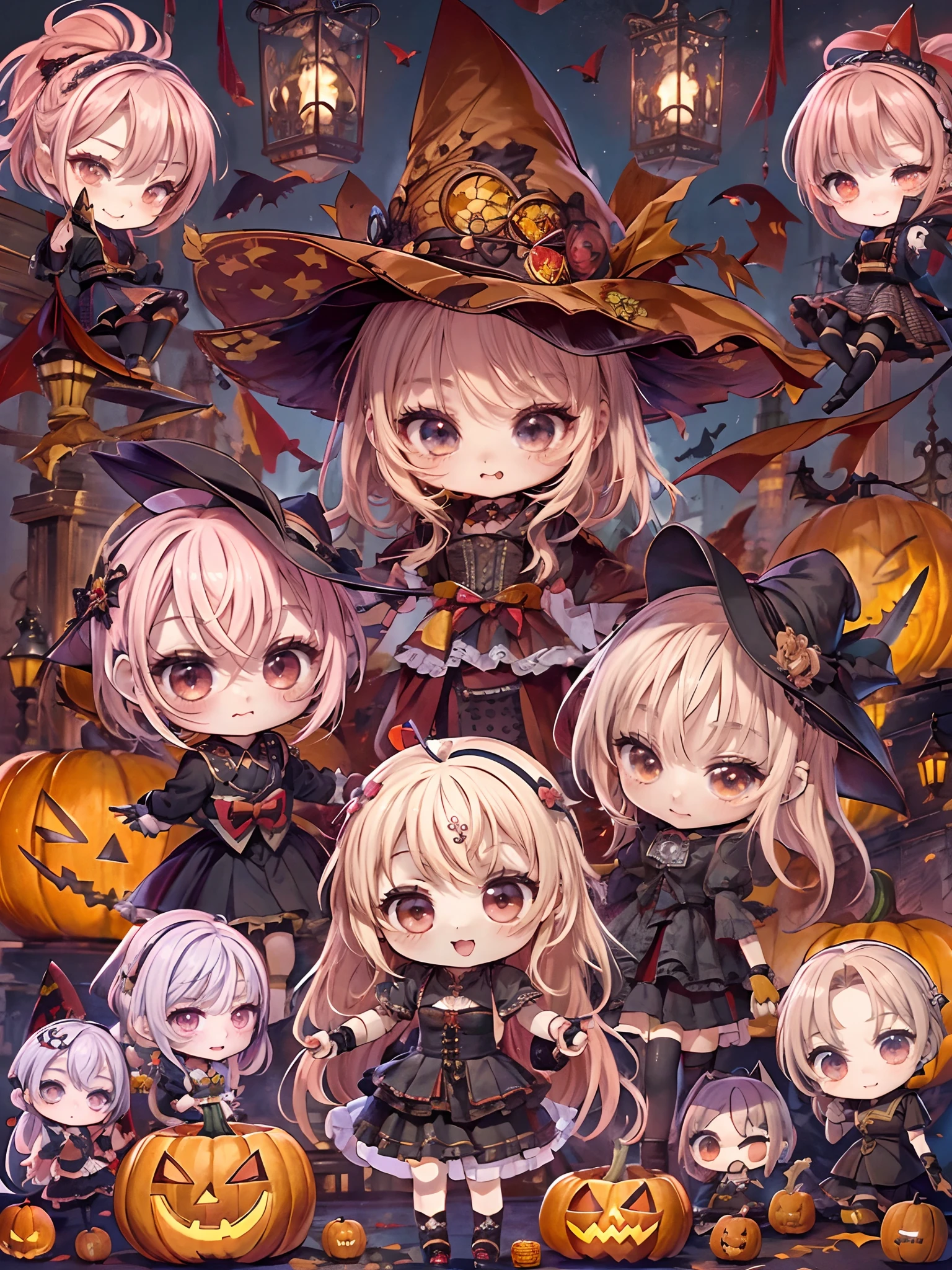 (Chibi:1.6),absurderes, ultra-detailliert,bright colour, extremely beautiful detailed face and eyes,top-quality、masutepiece、horor、Valley、cabelos preto e longos、red eyes、Return blood、Ruins、starrysky、Red Moon、Open chest、(Gothic Lolita Witch:1.3)、Lots of bats、Lots of lanterns、Lots of candles、Sit on the pumpkin ghost、Have a glass of blood,