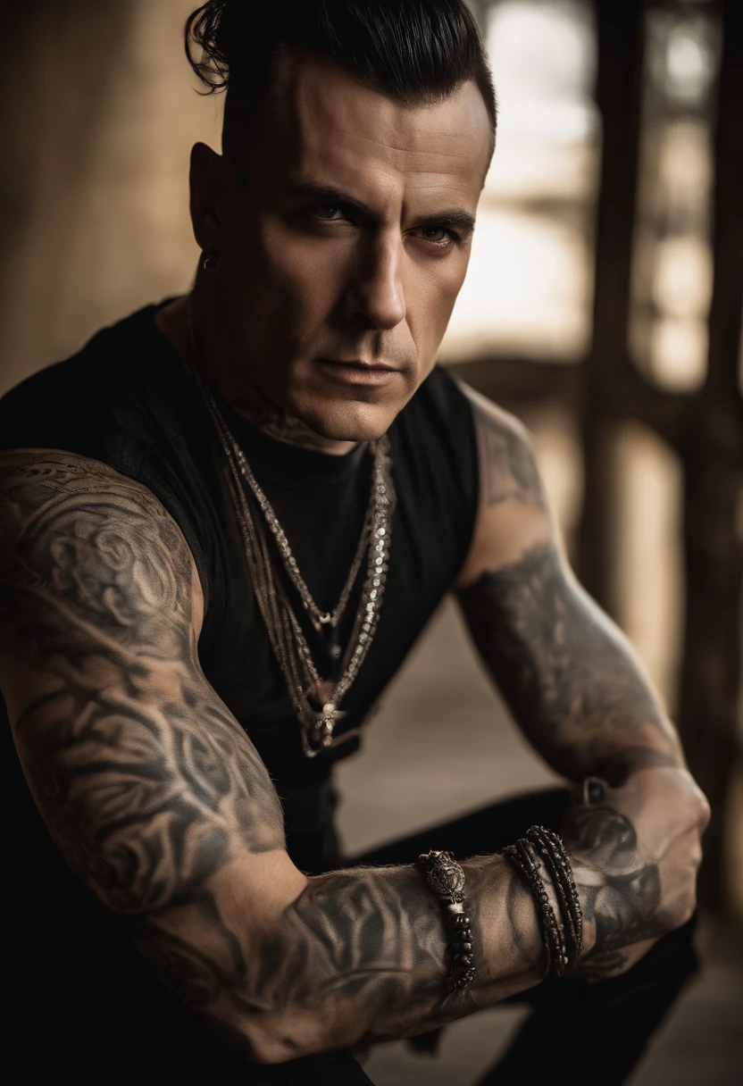 Homem com tatuagens e um colete de couro posando para uma foto, Artur Bordello, Marcos Ariano, Jean Deville, Boris Valejo, Retrato de um punk masculino, jerkin de couro, Para Lindemann, sebastian luca, Josh Preto, Adam Smasher, menacing pose, Asher Duran, Rammstein, Clivanger Dorian, foto oficial