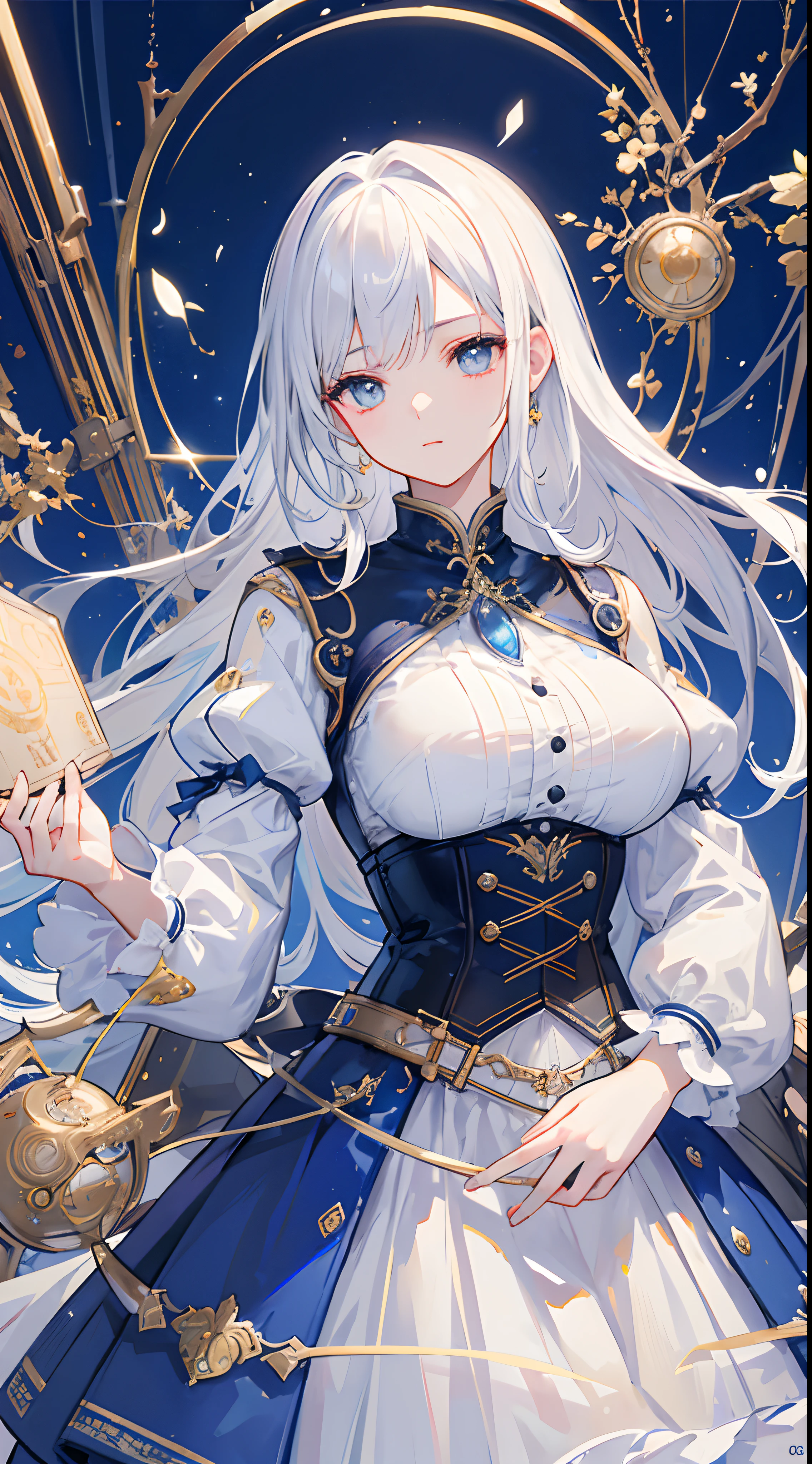 (((​masterpiece)))、((top-quality))、(The ultra-detailliert)、(CG Illustration)、(a very beautiful woman))、Cinematic Light、((1 Mechanical Girl))、 (Beautiful and indulgent)()、Facing the front,white  hair,Corset Belt,blue high waist skirt,Upper body portrait