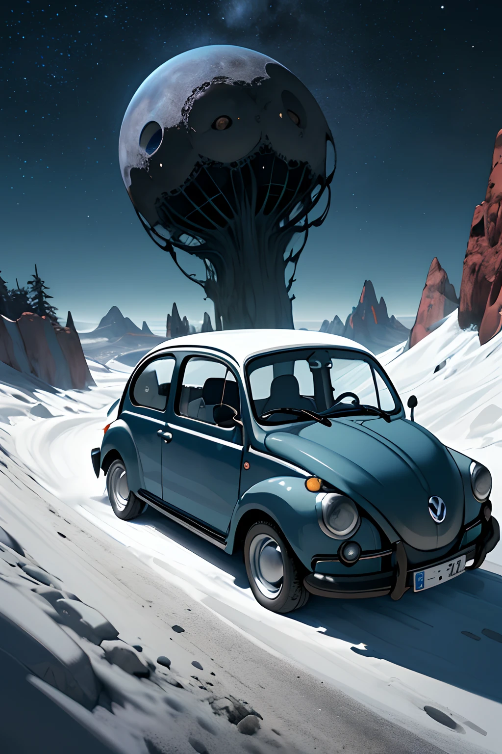 Volkswagen Fusca futurista preto em uma rodovia interdimensional. Cosmic horror setting with Lovecraftian monsters nearby, arte conceitual, fotografia de retrato, fantasia sombria, fotografia, cinemactic,