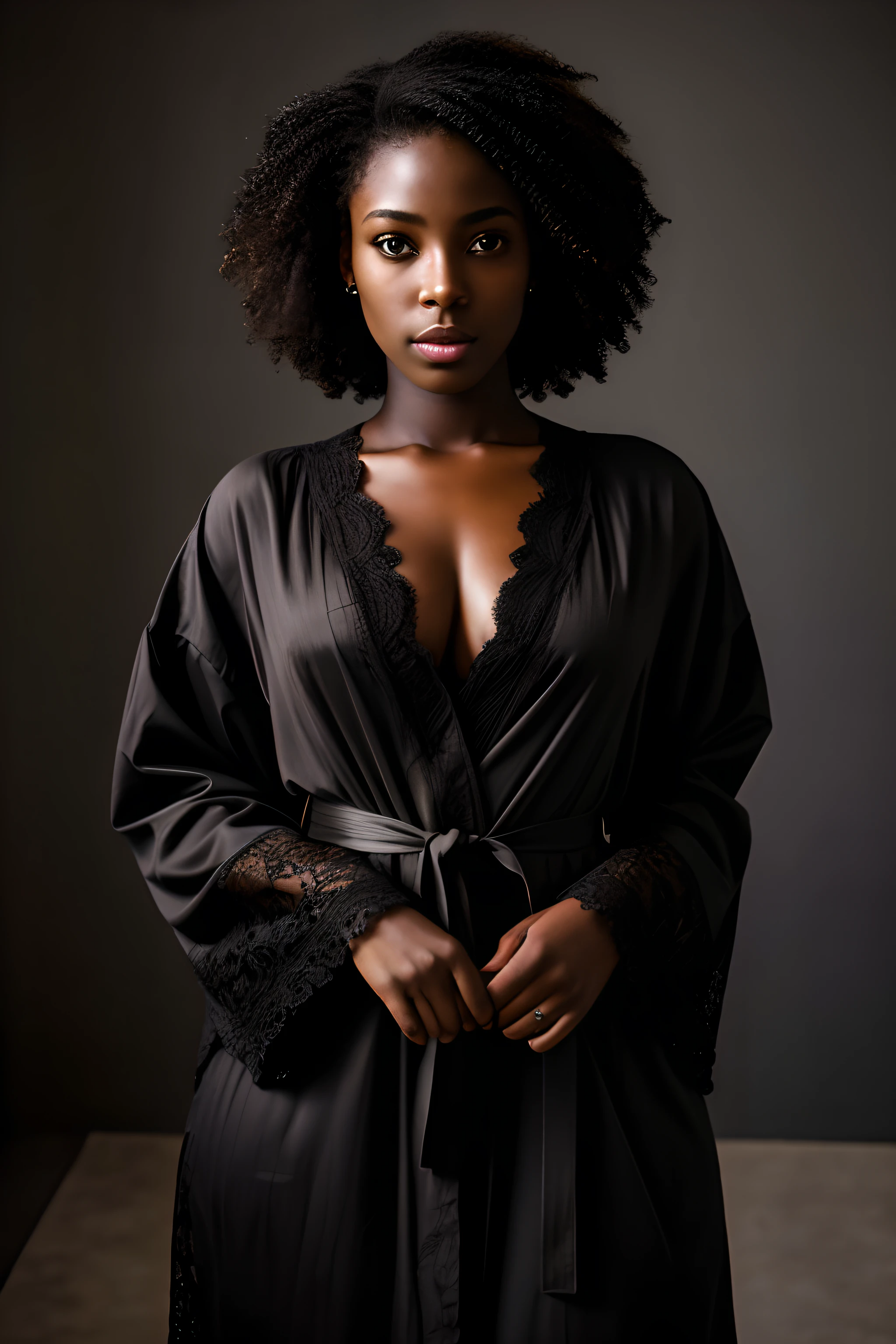 (8k, Photo brute, Highest quality), Beautiful ebony girl, Poils sarcelle, yeux sarcelle, triste, Gros plan, robe, (detailled eyes:0.8), (looking at the camera:1.4), (Highest quality), (Meilleure ombre), Intricate details, interior, Studio sombre, muted colors, (To8Style Contrast),