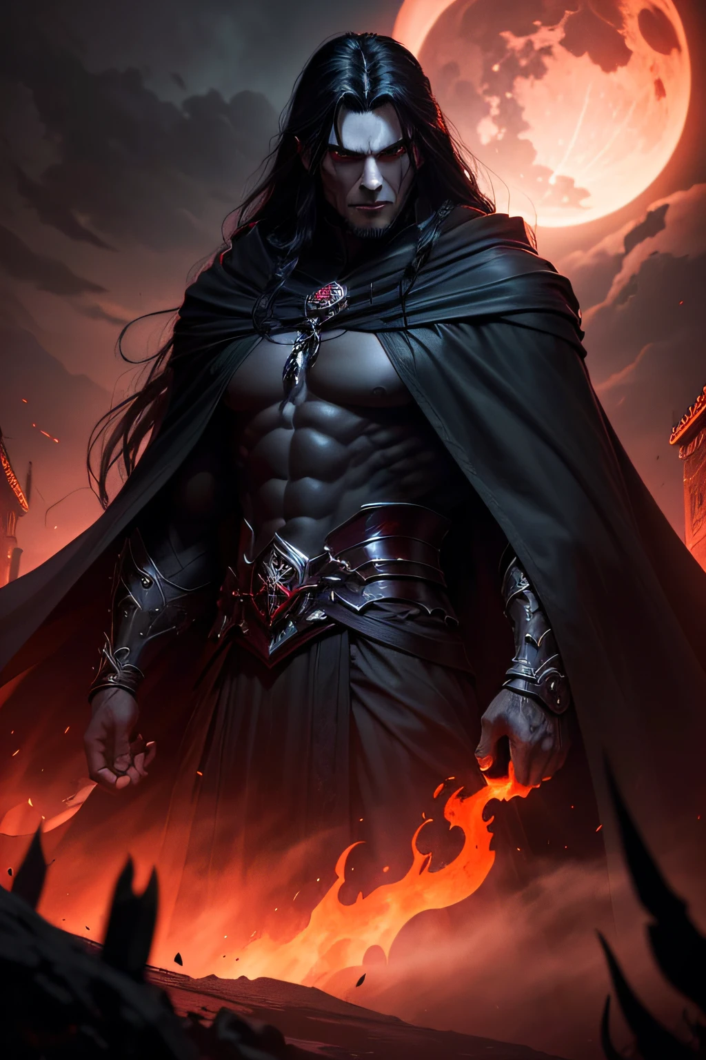 a dark muscular male evil lord, long flowing black hair, black and red cloak, piercing red eyes, menacing expression, powerful aura, standing in a dimly lit chamber,, casting eerie shadows, , adorned with intricate details, with a sinister grin, exuding an aura of darkness, with an intimidating presence, in a gothic castle, with imposing architecture, shrouded in mist, under a blood-red moon, with a storm brewing in the background, creating a foreboding atmosphere, reminiscent of a dark fantasy novel cover, with a dramatic lighting, emphasizing the contrast between light and shadow, evoking a sense of mystery and danger, with a touch of supernatural elements and captivating artistry."