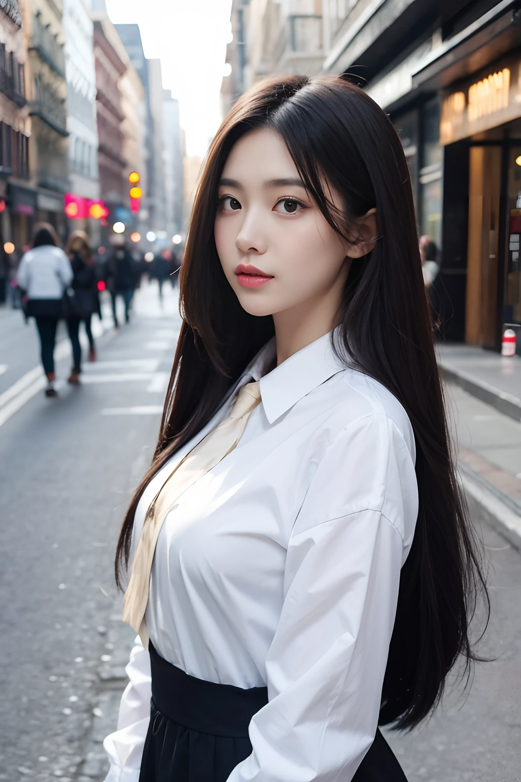 long hair girl,bust,the street