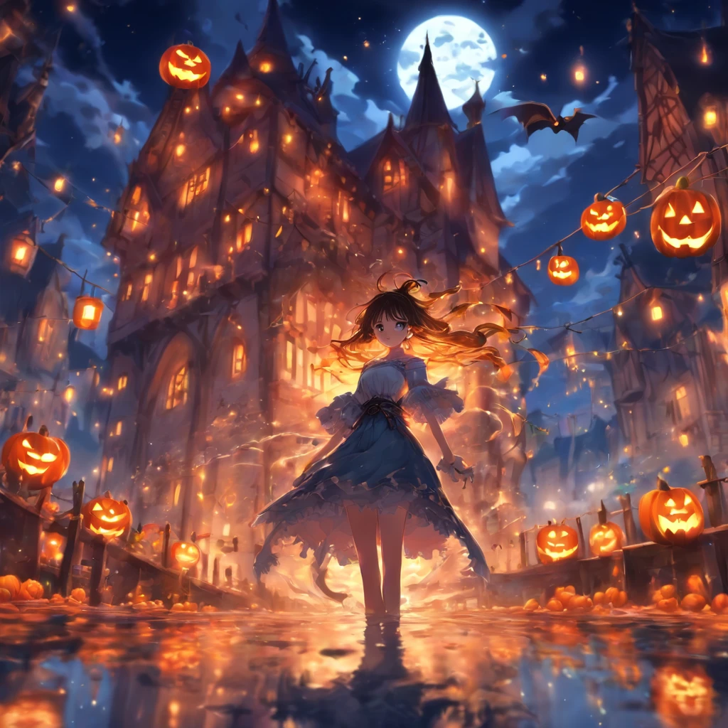 Masterpiece, Best Quality, 1 Girl, Brunette Hair, Bare Shoulders, Long Hair, Dress, Denim Shot, Dynamic Pose, Dynamic AngleHalloween floating lights, cinematic light and reflections, Glowing lights, Intermediate metaverse elements，Digital painting, glowing reflections, Pondering, Halloween Jack Lantern, calm evening, Digital illustration, Beautiful atmosphere, Skylight at night, Peaceful evening atmosphere, Jack-o'-lantern, Halloween, the night, themoon, game scenes, Halloween, Surrounded by clouds, Architecture of medieval Europe, glazed tiles, European Union, Gorgeous colors, There are three arches in the foreground((Color ink)), ( (Splash ink ) ), ((Splash ink) Inky})), high qulity, Beautiful graphics, high detal,Magnificent