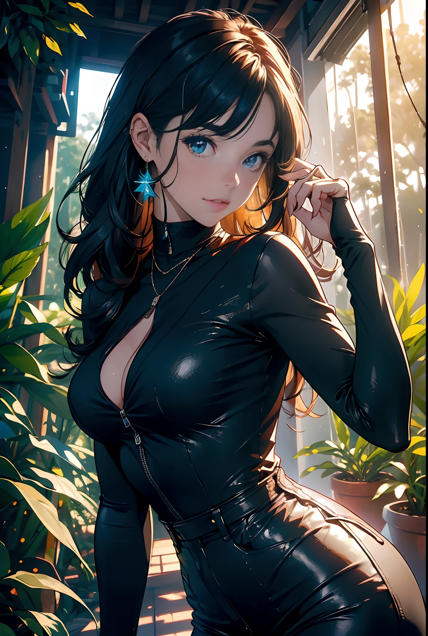 (​masterpiece), (top-quality), sunset, natural lights, ,(realistic:1.5), Stunningly beautiful chilean girl as a Ranger in Dungeons and Dragons, walking in the woods, trees, dawn, chainmail, leather_vest , gamberson, necklace, iron_cuirass, linen_skirt, leather_boots,(bright shot:1.1),masterpiece that captures the essence and beauty of the woman, ((cleavage)), cleavage, sexy, sensual, hazel eyes, smiling, sexy pose, athletic, looking at viewer, eye contact, sunset, detailed medieval forest in background, dynamic pose, action pose,alluring, seductive_pose, natural lights, cleavage, athletic body, medium breasts, upper body, mid shot, masterpiece, detailed, mature, bright colors, high saturation, stunningly beautiful girl, precise hands, determined expression, serious, courageous, brave, Clear eyes, Shining eyes,, ultra-definition, Top resolution,  soft lightning