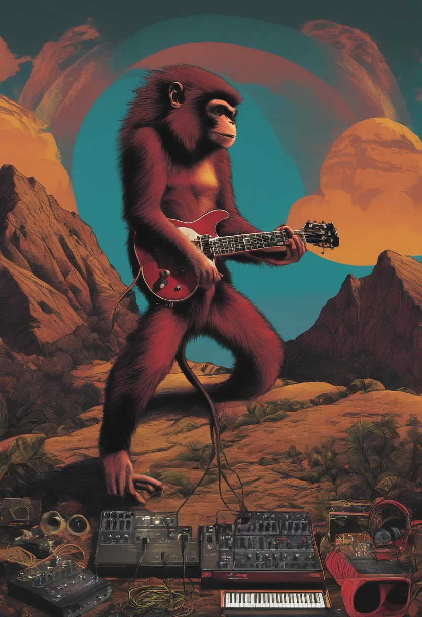 Monkey punk band plays live in the mountains with synthesizers, guitars and effects pedals。