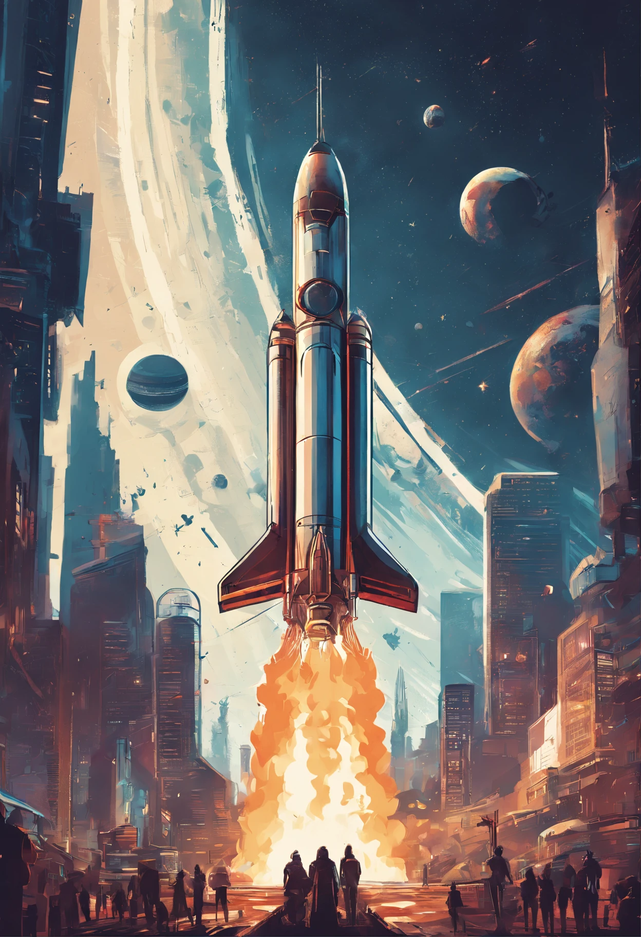 Poster design,Rocket launch scene,Starry sky planets added to background,The ground is on earth,There are some city buildings and crowds,Use the printmaking style,4k,exquisitedetails
