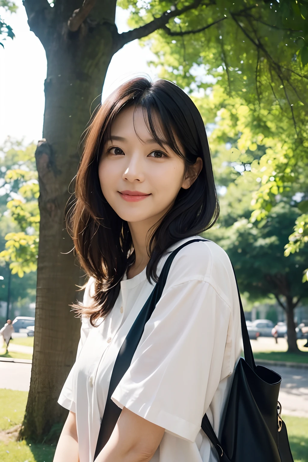 Woman in her 40s、A dark-haired、Long、white shirt、smil、I'm taking pictures with a single-lens reflex camera、Being under a tree