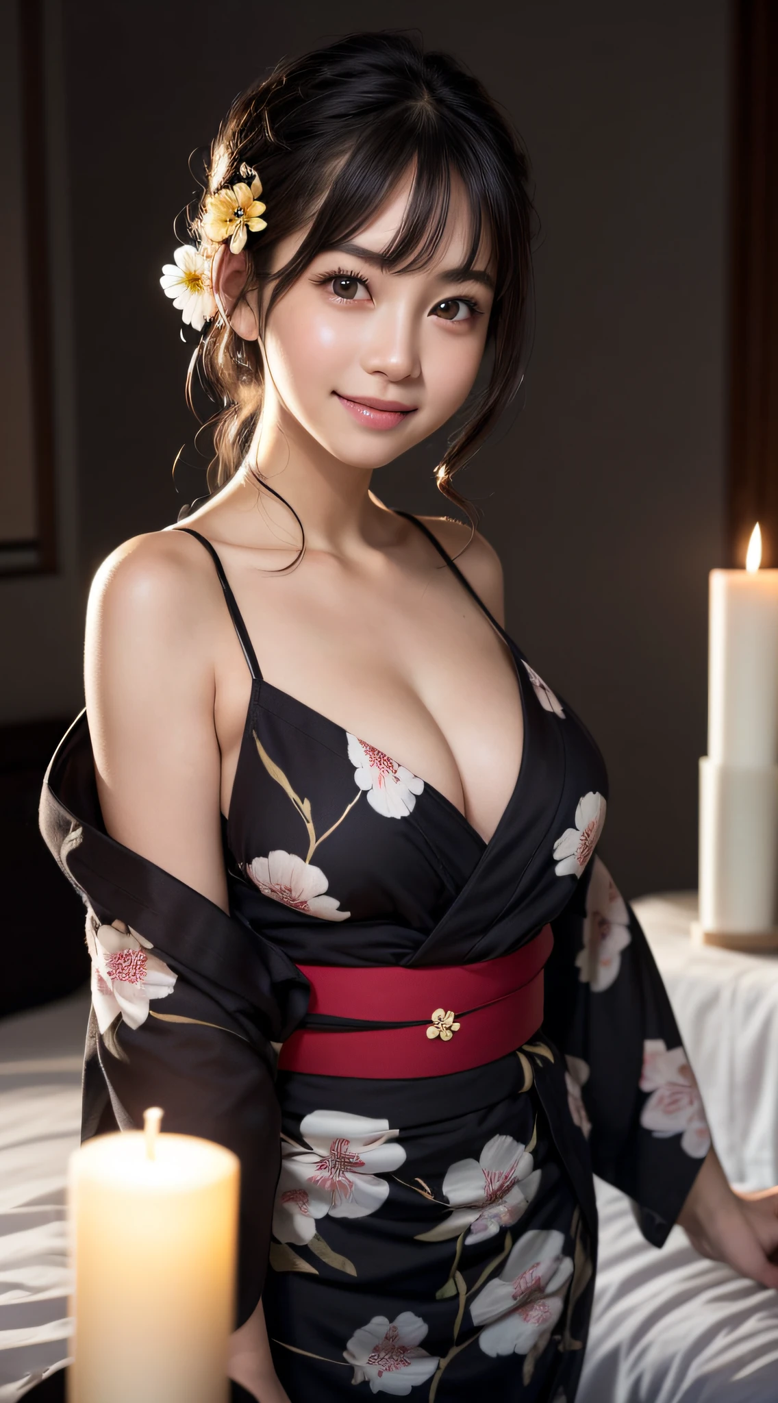 (1girl), Extremely cute face, Amazing face and eyes, (Highly detailed eyes, Highly detailed face), fresh, Very clean appearance, (Hyper-realistic, hight resolution), (Best Quality:1.4), Raw photo, (Realistic, Photorealsitic:1.37), Professional Photography, (floral pattern yukata:1.25), (Amazing big:1.1), (Open yukata), (Bare shoulders), Smile slightly, (Staring at me), Bedroom, Flower Screen, Relaxing, (The bedroom is pitch black:1.6), (Only the brightness of one candle:1.5), focus on the girl,
