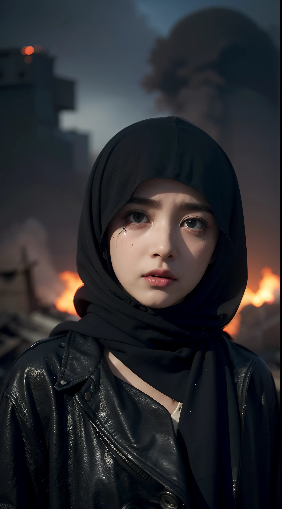 several war-torn Palestine ,Loved ones lost in the ashes of war in the Middle East,The clothes were tattered,Ruins of war,be desperate,Tragic,(Ultra-detailed description of facial pain and hopelessness:1.2),Real Human,Ultra photo realsisim,hyper realisitc,rendering by octane,Finer body structure,close-up all over the body,(Tears crying),(50mm focal length shooting:1.1)(War correspondent perspective:1.1),hunger,Abaya, headscarf,(best quality,4k,highres,masterpiece:1.2),ultra-detailed,realistic:1.37,Palestinian children,tears,witnessing a gigantic nuclear explosion on the horizon,corpses flying,emotionally devastated,devastation,ruined cityscape,fire and smoke rising,dark and eerie atmosphere,mysterious shadows,mourning,collapsed buildings and debris,ragged clothing,fear in her eyes,loneliness and despair,post-apocalyptic scene,lit by the fading sunlight,desolate landscape,destroyed nature,dead trees,blackened earth,radioactive haze,ominous clouds,devastated sky,cold wind blowing,falling ashes,pale and lifeless colors,heart-wrenching expression,distorted reality,nightmarish,emotive power,dramatic tension and contrast,detail-rich textures,expressionism,psychological impact,disturbing imagery