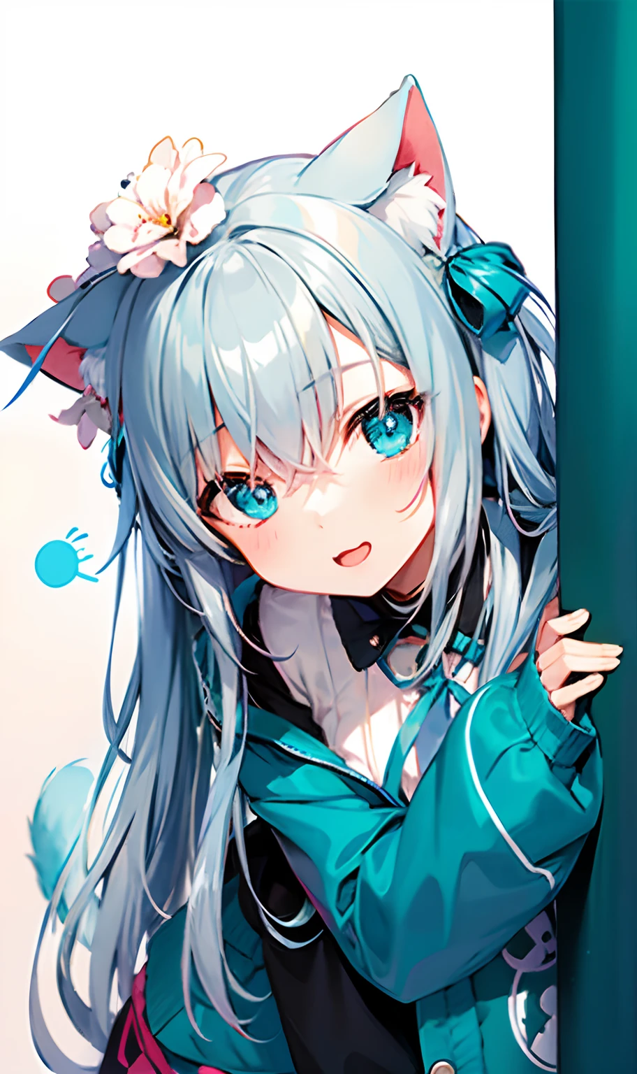 anime girl with gray teal hair and cat ears leaning against a wall, cute, chibi!!!, anime girl with cat ears, cute anime catgirl, beautiful anime catgirl, anime catgirl, nekomimi, anime cat, very beautiful anime cat girl, anime girl with teal hair, anime moe artstyle, pixiv, pixiv 3dcg, very beautiful cute catgirl