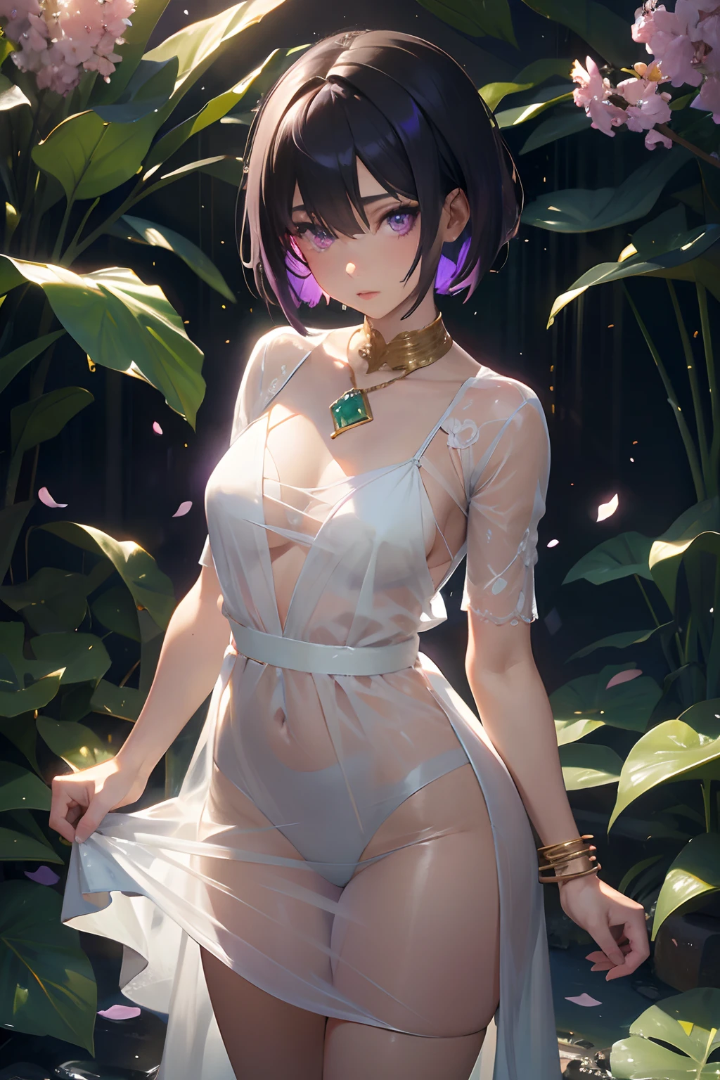 masutepiece, Best Quality, a 20 yo woman, Bery short hair,Purple eyes,blac hair,highly contrast,Big,hyper reality,natural skin textures,Hanging corners of the eyes,Soft light,Plant background,sacredness,transparent white dress,Sheer skin,gold,colorful flower,Petals flutter,Emerald Bangle,Sapphire Necklace,Falling light,Lower your eyes,Beautiful lips,wetted skin
