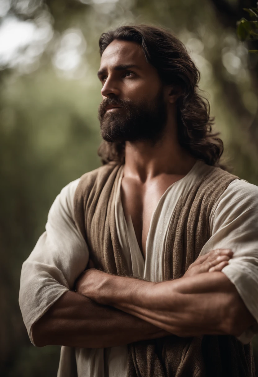 Retrato jesus, barba longa, corpo inteiro, corpo definido, corpo forte, big arms, ajudando pessoas, profundidade de campo