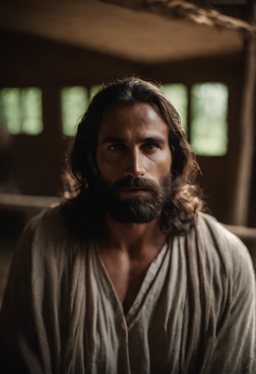 Retrato jesus, barba longa, corpo inteiro, corpo definido, corpo forte, big arms, ajudando pessoas, profundidade de campo