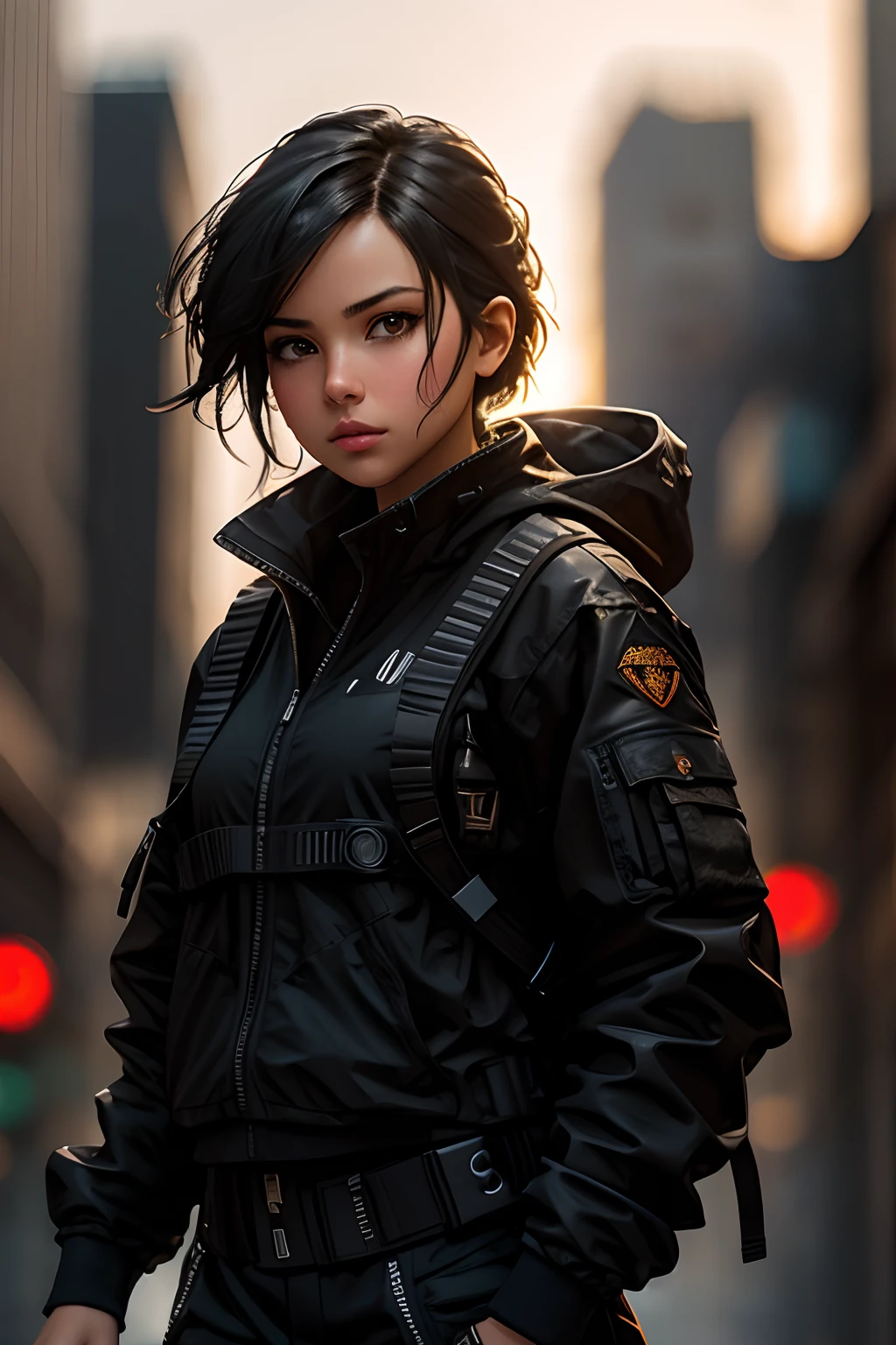 photorealistic:1.4, 8k, (masterpiece), (best quality),1girl, short black hair, urban techwear, blurry background, eye focus, finger on lip, cowboy shot, huge city background, looking over back, dramatic light, cinematic light