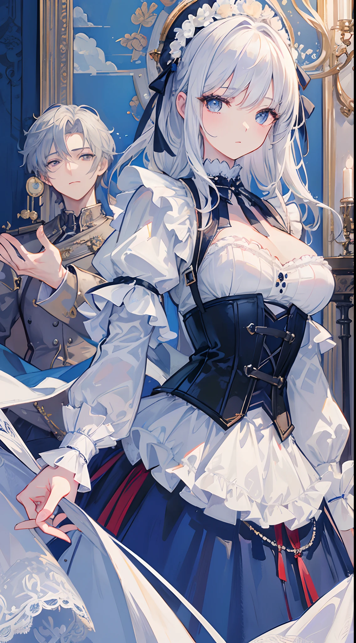(((​masterpiece)))、((top-quality))、(The ultra-detailliert)、(CG Illustration)、(a very beautiful woman))、Cinematic Light、((1 Mechanical Girl))、 (Beautiful and indulgent)(atelier)、Facing the front,white  hair,Corset Belt,blue high waist skirt,Upper body portrait
