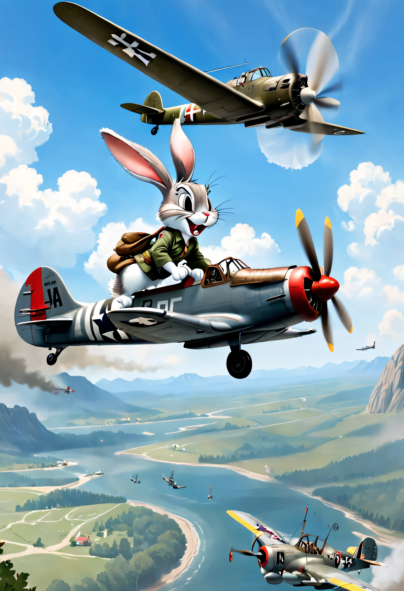 Bugs Bunny flies a World War II plane
