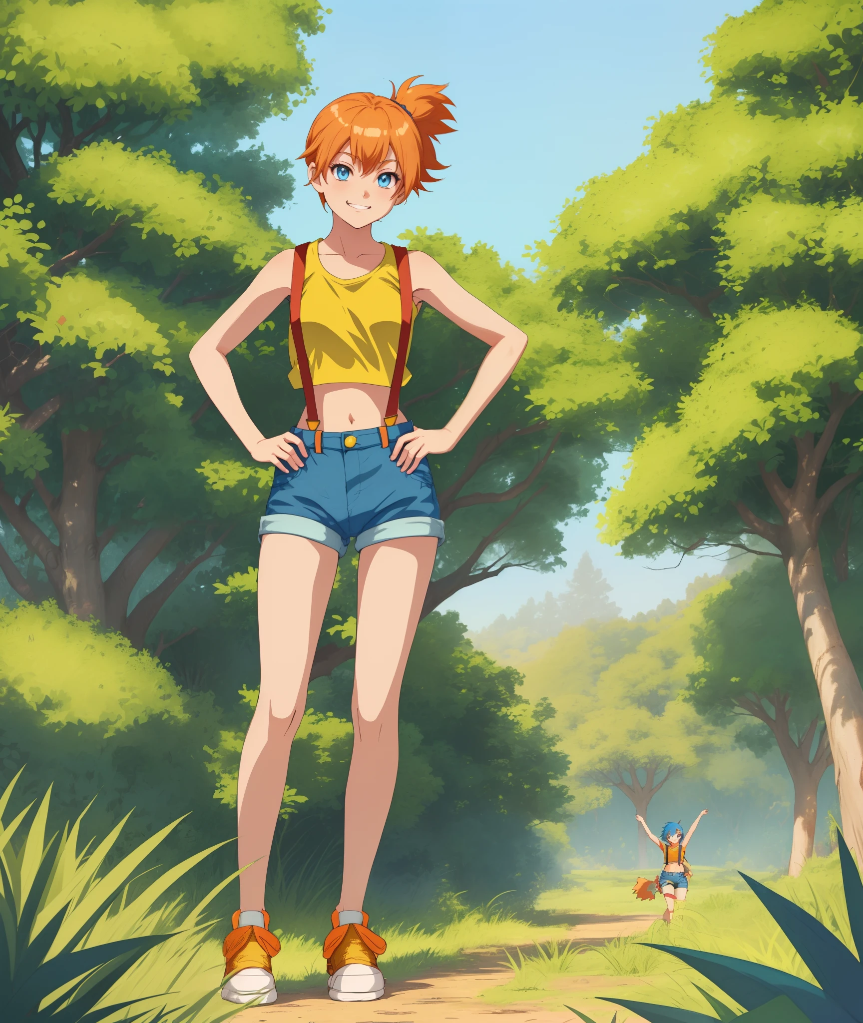 [Misty_(Pokemon)], [Uploaded to rule34.xxx; (kingmaster), (shosho_oekaki), (nekololisama)], ((masterpiece)), ((HD)), ((detailed shading)), ((1girl)), ((solo portrait)), ((full body)), ((front view)), ((cute anime girl)), {(athletic figure), (short orange hair), (side polytail), (cute blue eyes), (gorgeous hips), (beautiful legs), (cute grin)}, {(yellow tank top), (midriff), (blue denim short shorts), (red suspenders), (blue converse sneakers)}, {(standing), (hands on hips), (pigeon-toed), (looking ahead)}, [background; (grass plains), (lake), (trees), (blue sky), (sun rays)]