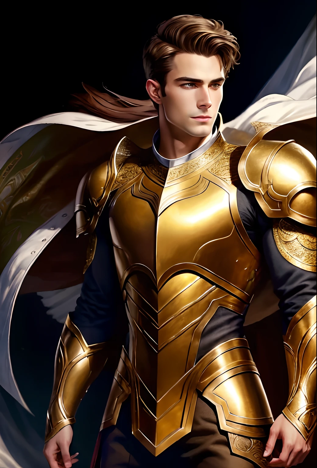 A clean-shaven man with brown hair and green eyes, wearing silver and gold armor. The image should be of the best quality with ultra-detailed and realistic features. The art style should be focused on portraits