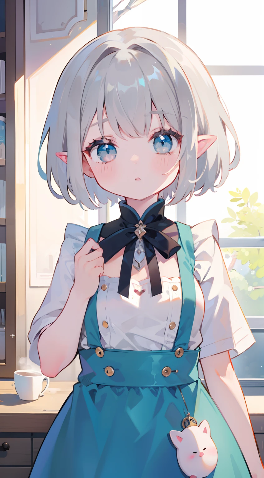 One girl、silber hair、Short bob hair、cute little、small tits、Elven ears、masterpiece、top-quality、Top image quality、、Naked apron,tits out,