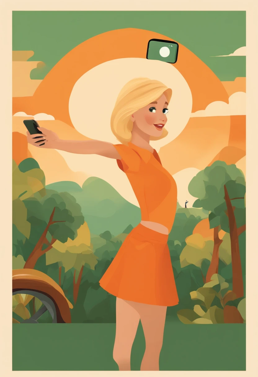 Create a Pixar-style poster. In the center of the poster, there is a blonde woman, with wavy hair, dressed in an "orange t-shirt without any print" and wearing a "short circle skirt predominantly in green", a childlike face taking a selfie.