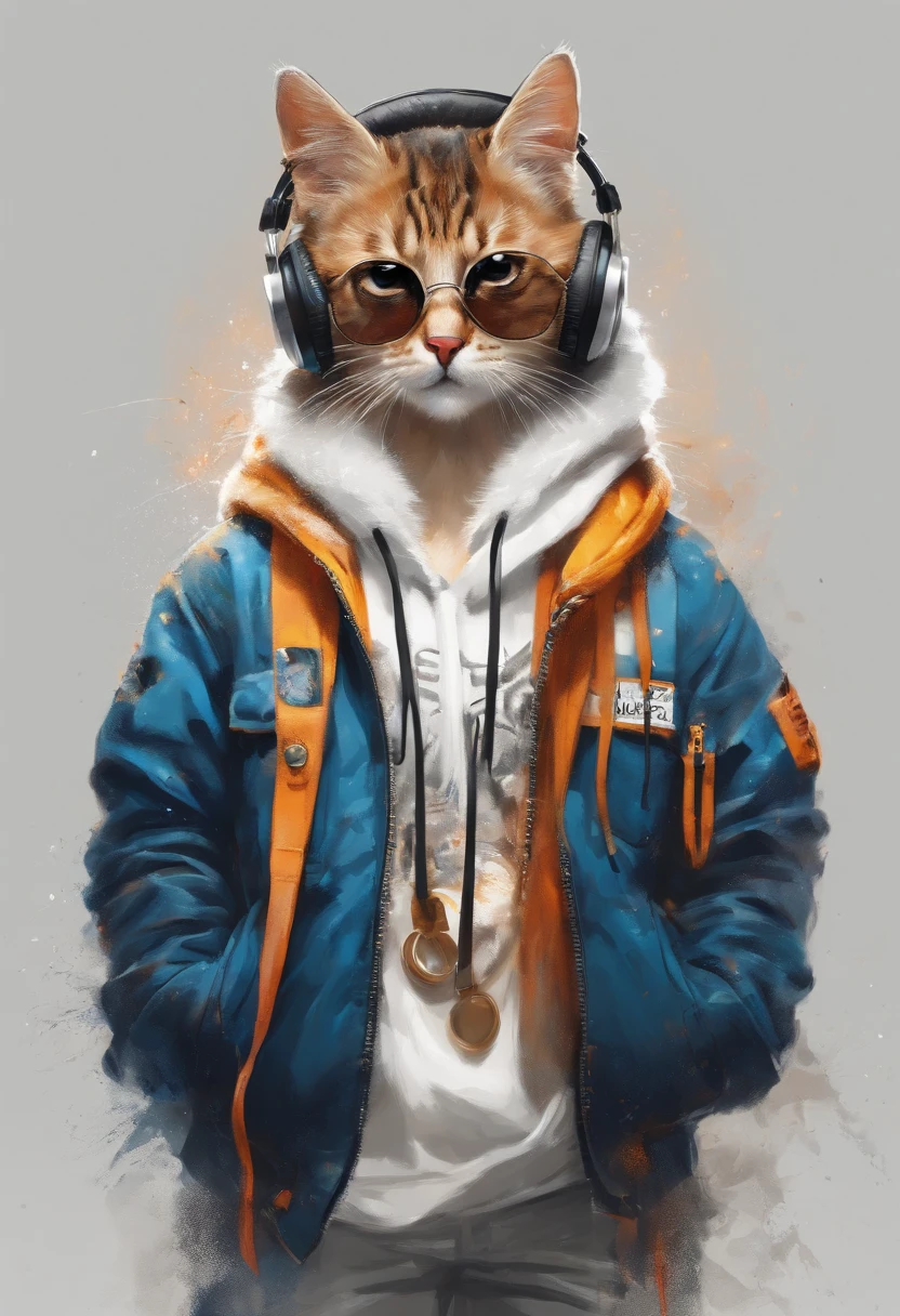 Perfect centering, Cute kitten, Wear a student team jacket, Wearing sunglasses, Wearing headphones, cheerfulness, Standing position, Abstract beauty, Centered, Looking at the camera, Facing the camera, nearing perfection, Dynamic, Highly detailed, smooth, Sharp focus, 8K, high definition resolution, illustration, Art by Carne Griffiths and Wadim Kashin, White background