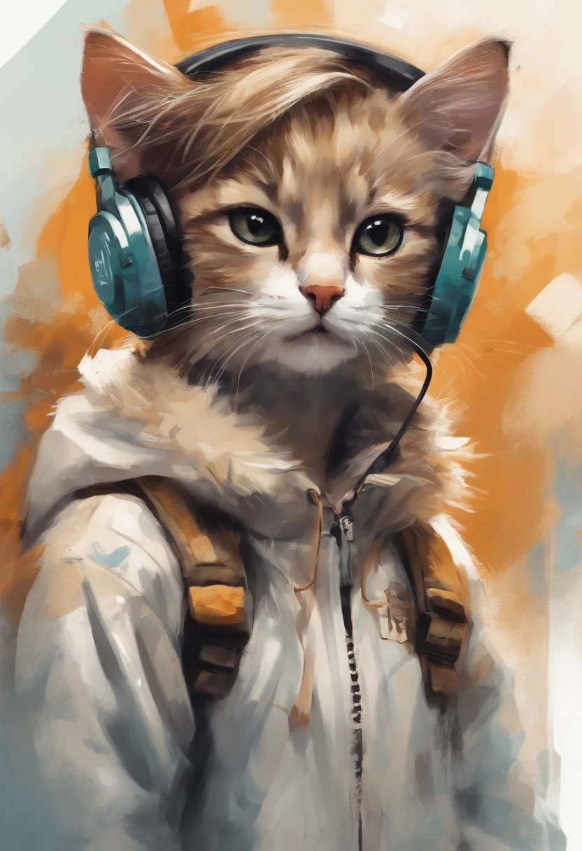 Perfect centering, Cute kitten, Wear a student team jacket, Wearing sunglasses, Wearing headphones, cheerfulness, Standing position, Abstract beauty, Centered, Looking at the camera, Facing the camera, nearing perfection, Dynamic, Highly detailed, smooth, Sharp focus, 8K, high definition resolution, illustration, Art by Carne Griffiths and Wadim Kashin, White background