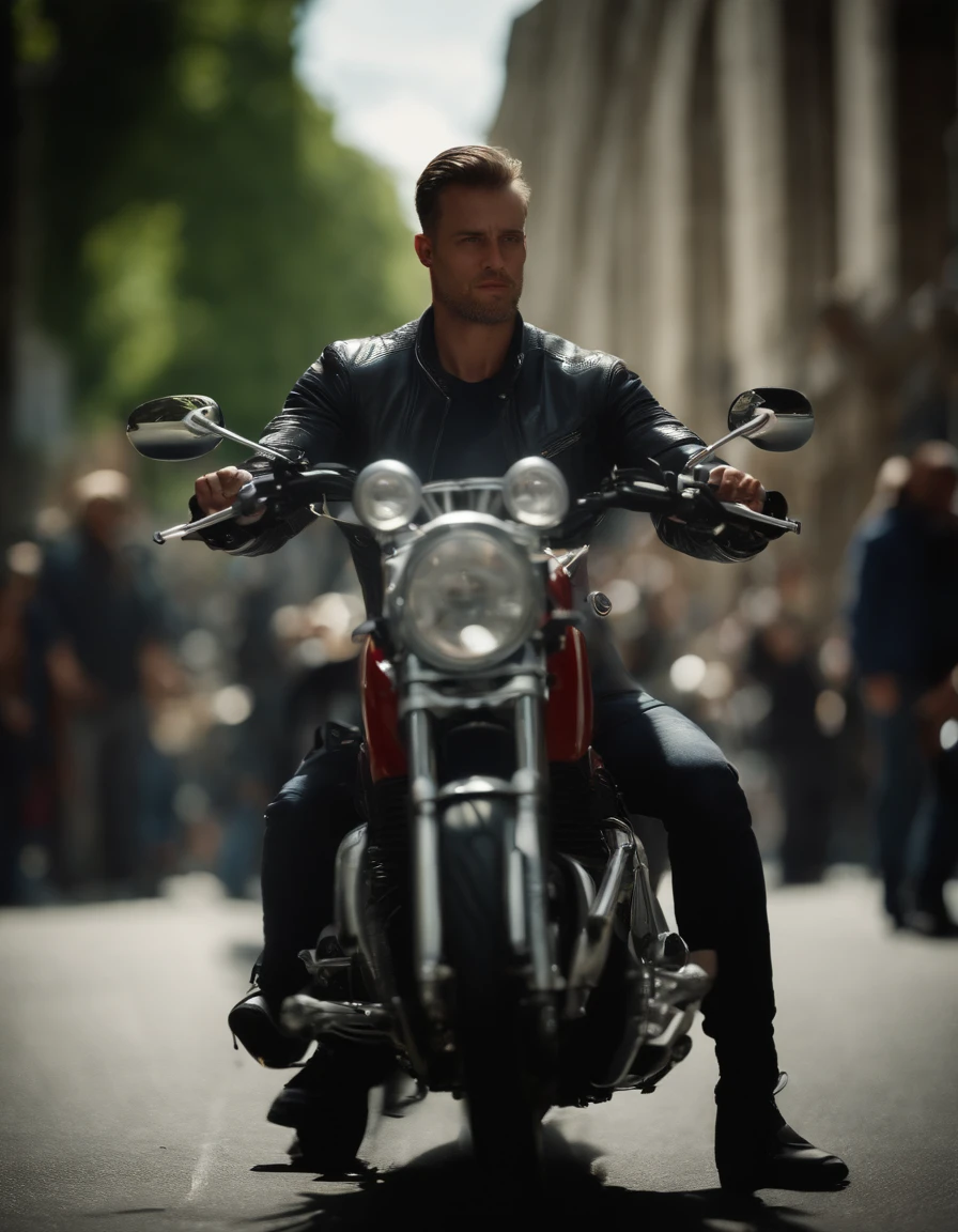 Film-like images, ((Medium close-up)), face facing audience, (reality :1.3), A man looks into the camera., Modern biker clothing, Faces in detail, Action Shots, (intricate :1.4), street background, photorealistic portrait, daylight, Global Lighting, CG, art station, masterpiece, Photography
